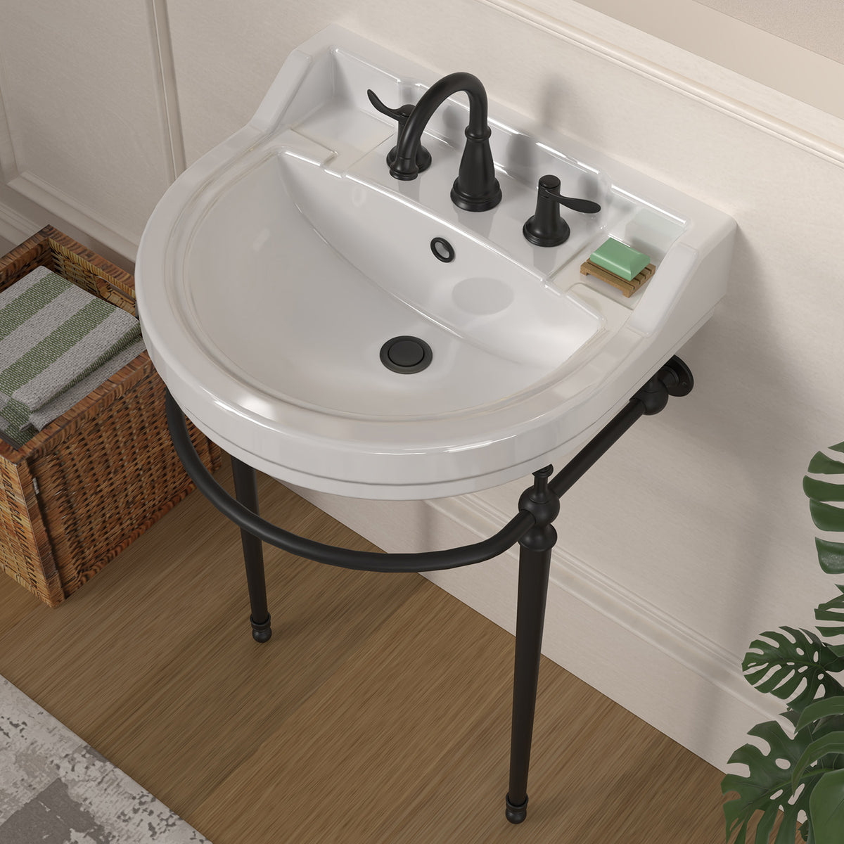 22&quot; Console Sink With Semi-Circular Bowl, Solid Brass Leg Supports and Front Towel Bar