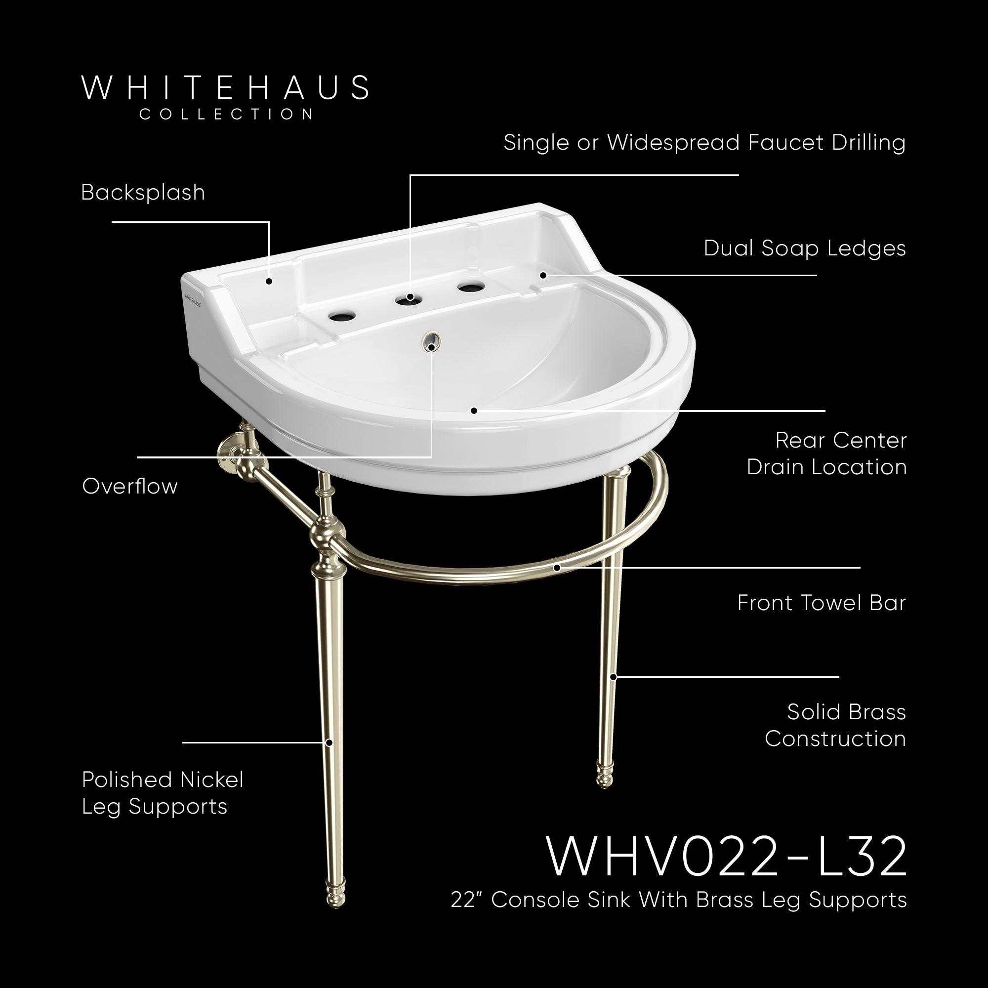 22" Console Sink With Semi-Circular Bowl, Solid Brass Leg Supports and Front Towel Bar