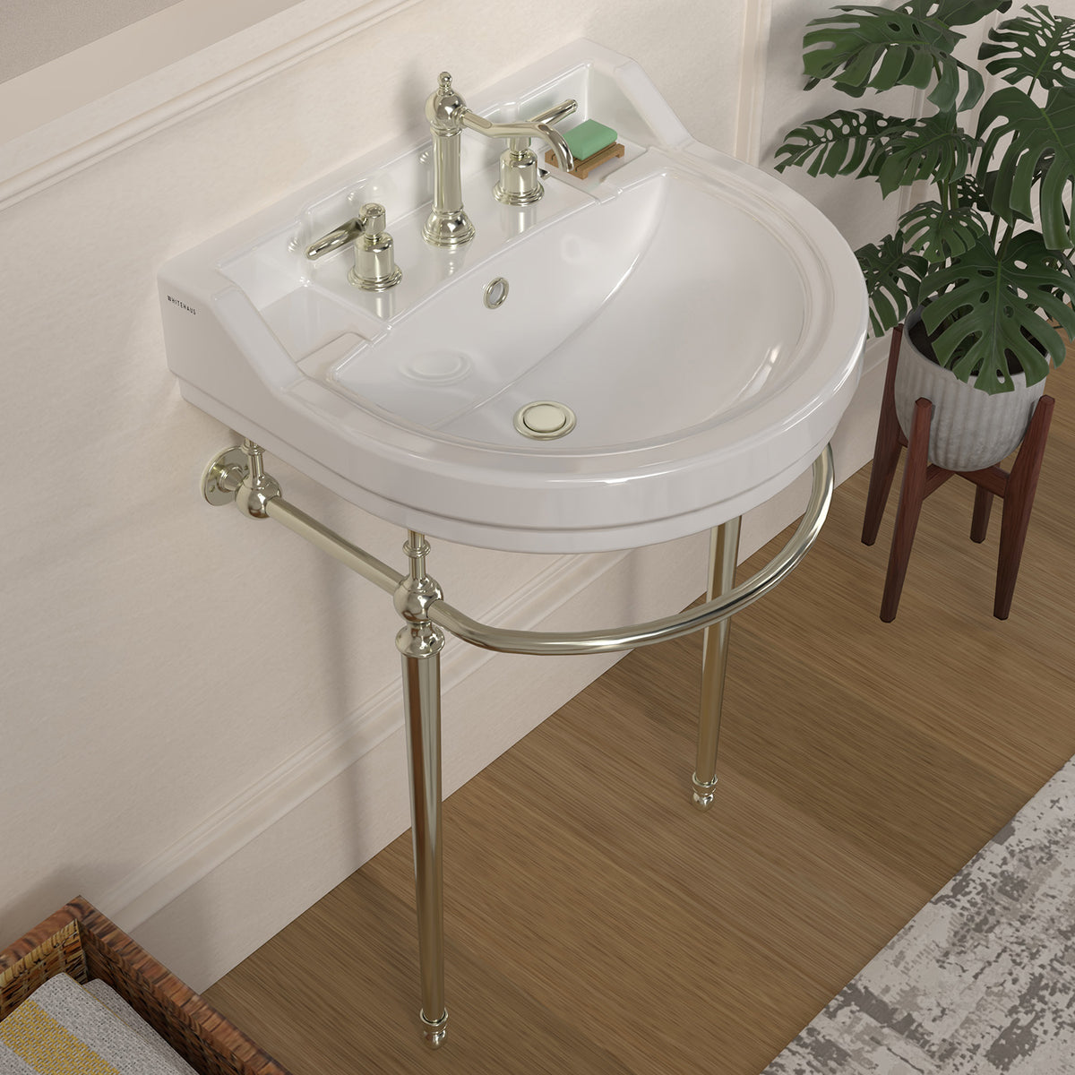 22&quot; Console Sink With Semi-Circular Bowl, Solid Brass Leg Supports and Front Towel Bar