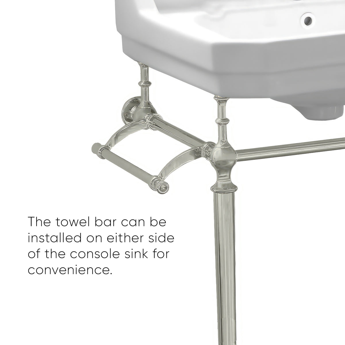 24&quot; console sink with integrated rectangular bowl, Solid Brass leg supports and side towel bar
