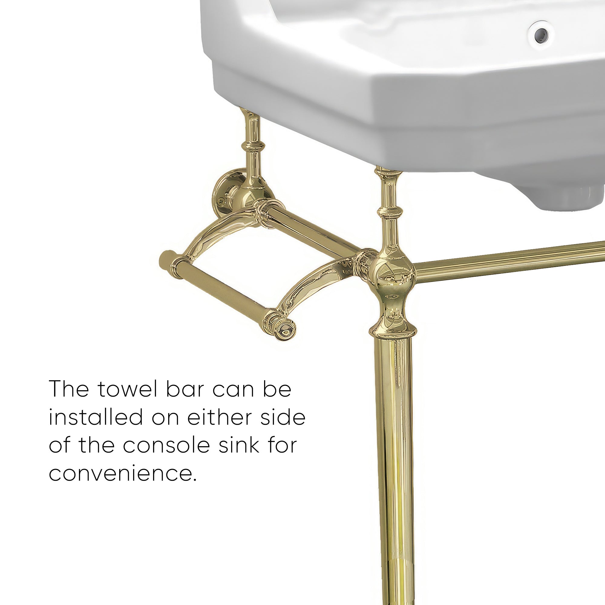 24" console sink with integrated rectangular bowl, Solid Brass leg supports and side towel bar
