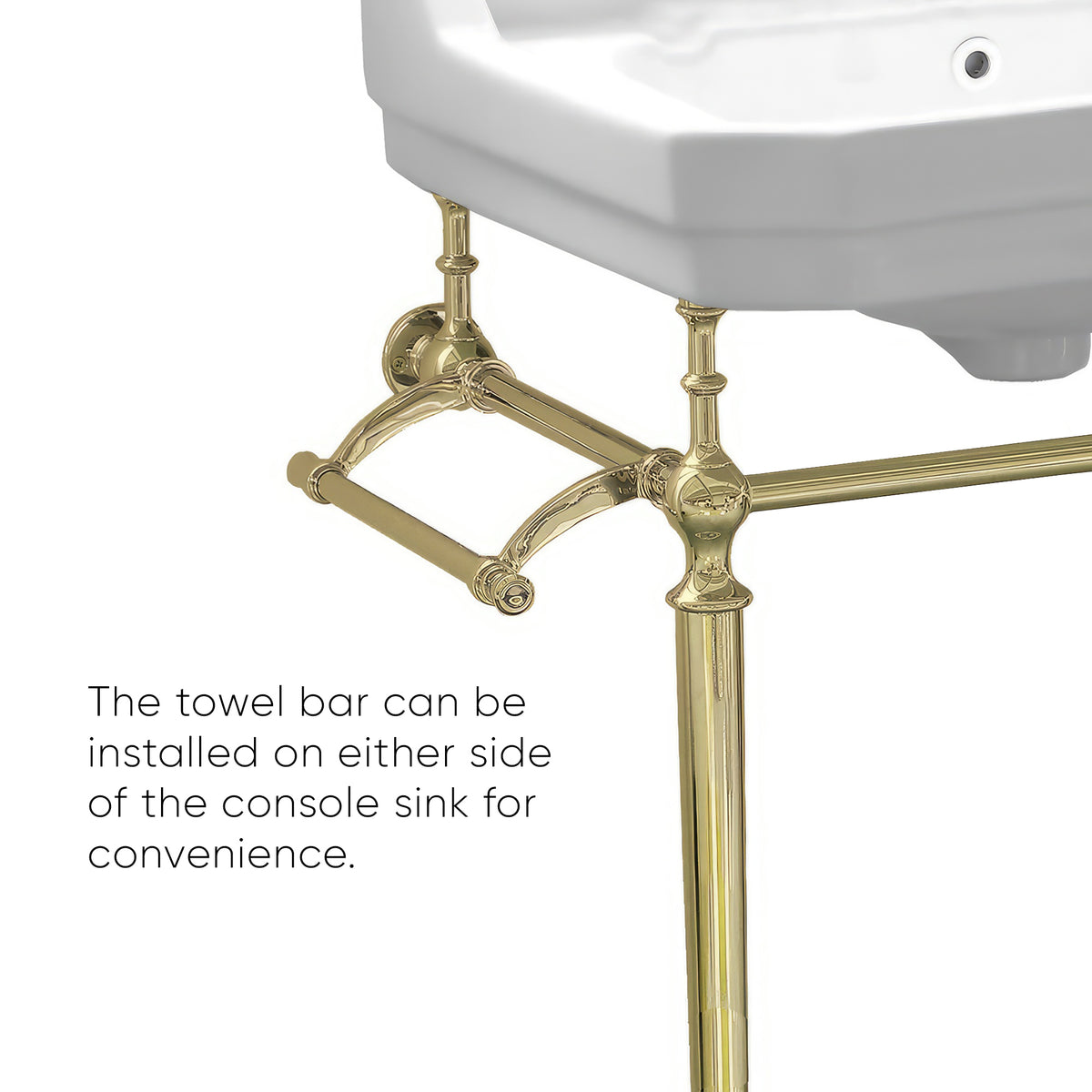 24&quot; console sink with integrated rectangular bowl, Solid Brass leg supports and side towel bar