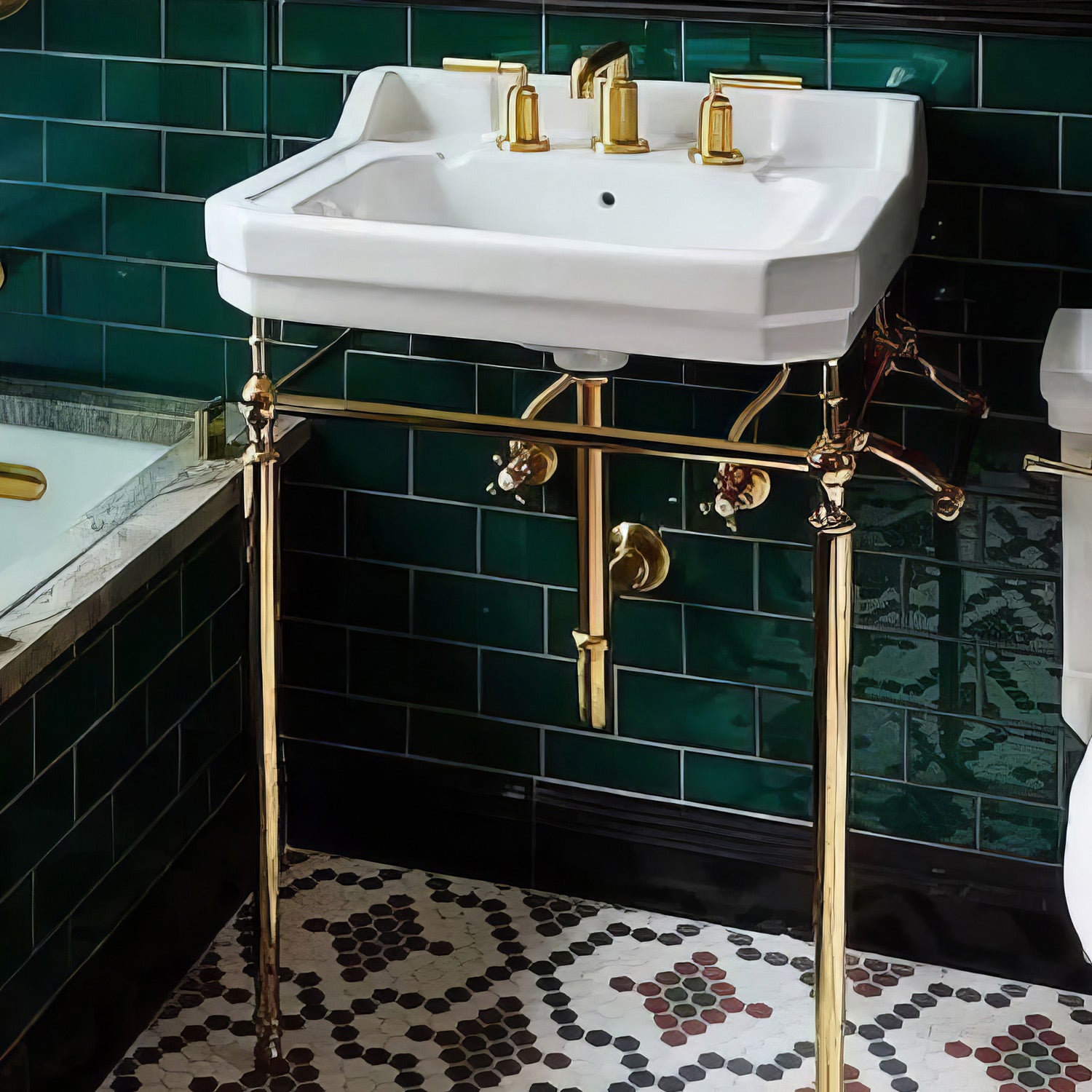 23" console with integrated rectangular bowl, Brass leg support and side towel bar