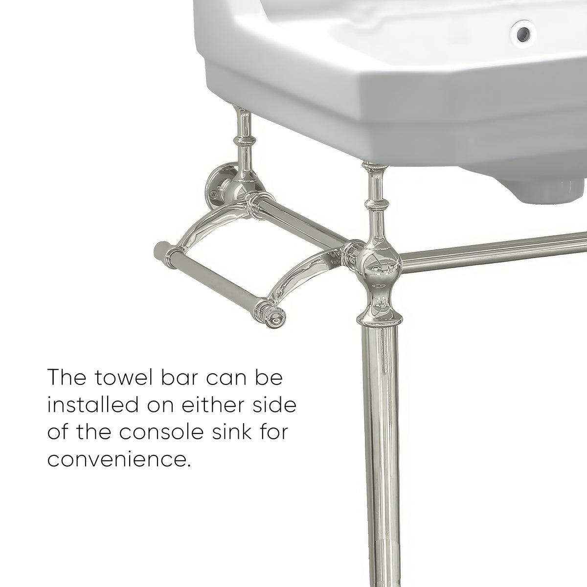 24&quot; console sink with integrated rectangular bowl, Solid Brass leg supports and side towel bar