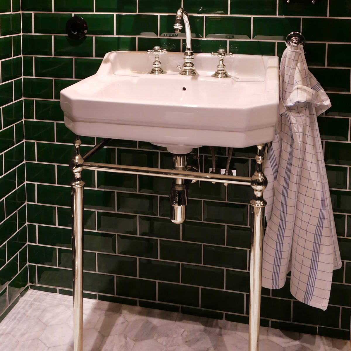 24&quot; console sink with integrated rectangular bowl, Solid Brass leg supports and side towel bar