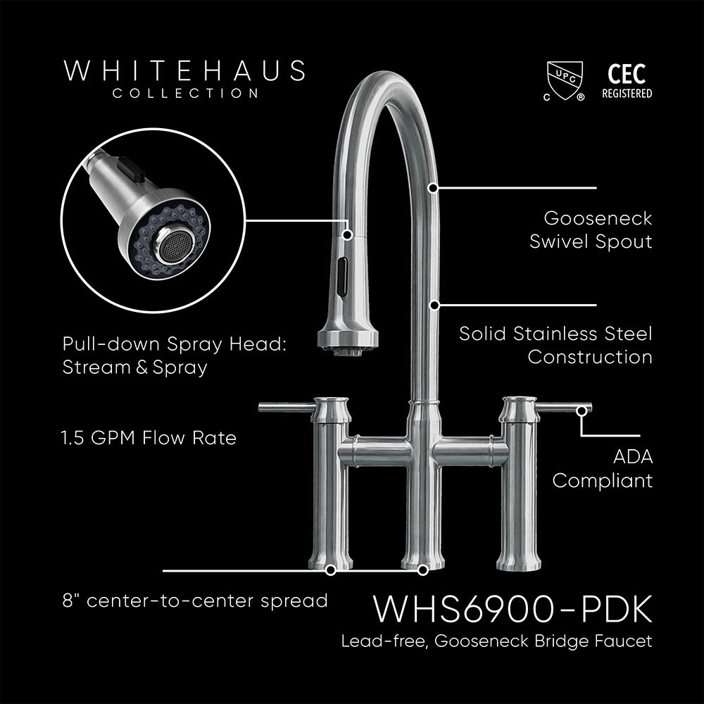 Lead-free solid stainless steel bridge faucet with a gooseneck swivel spout and pull-down spray head