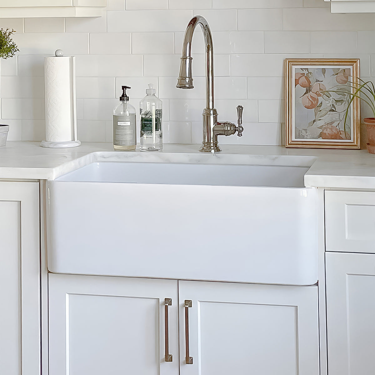 30&quot; Reversible single bowl fireclay kitchen sink with plain front apron