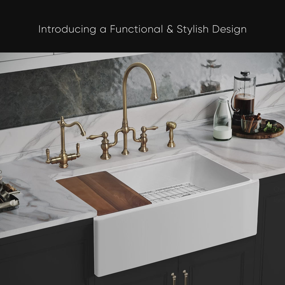 Load video: Front Apron Single Bowl Fireclay Kitchen Sinks With Walnut Wood Cutting Board and Stainless Steel Grid
