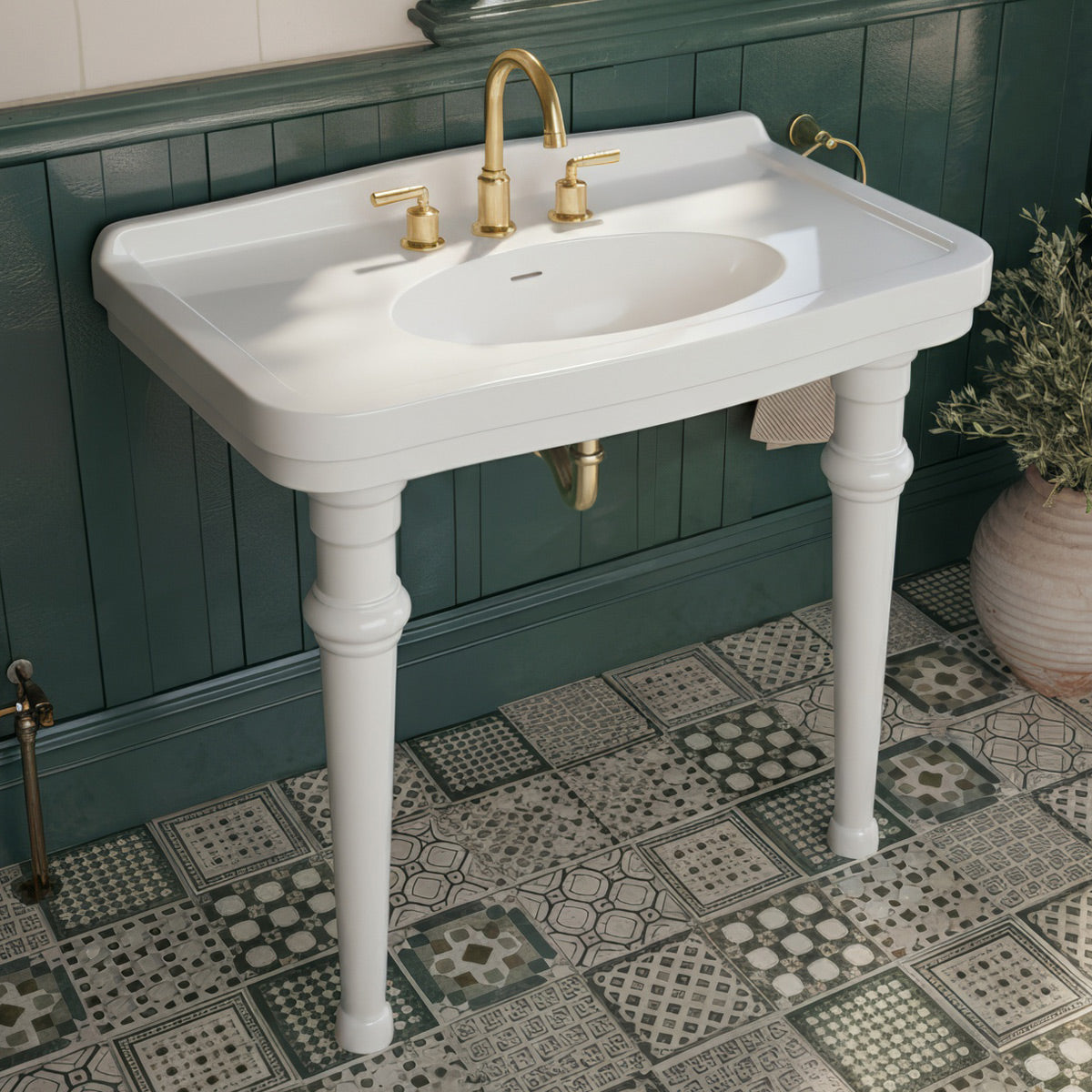Load video: Wall mount sink with integrated oval bowl, low-rise backsplash, decorative trim &amp; overflow