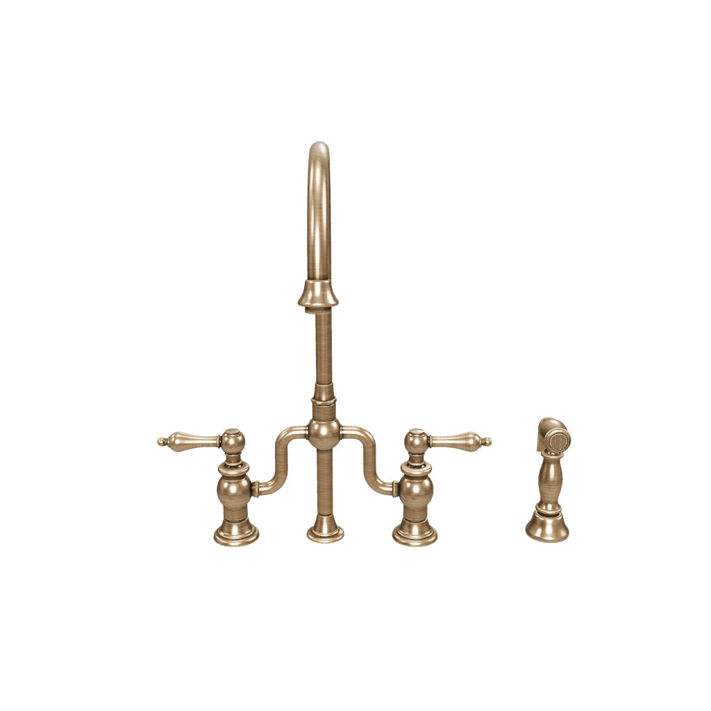 Bridge Faucet with Gooseneck Swivel Spout, Lever Handles and Solid Brass Side Spray