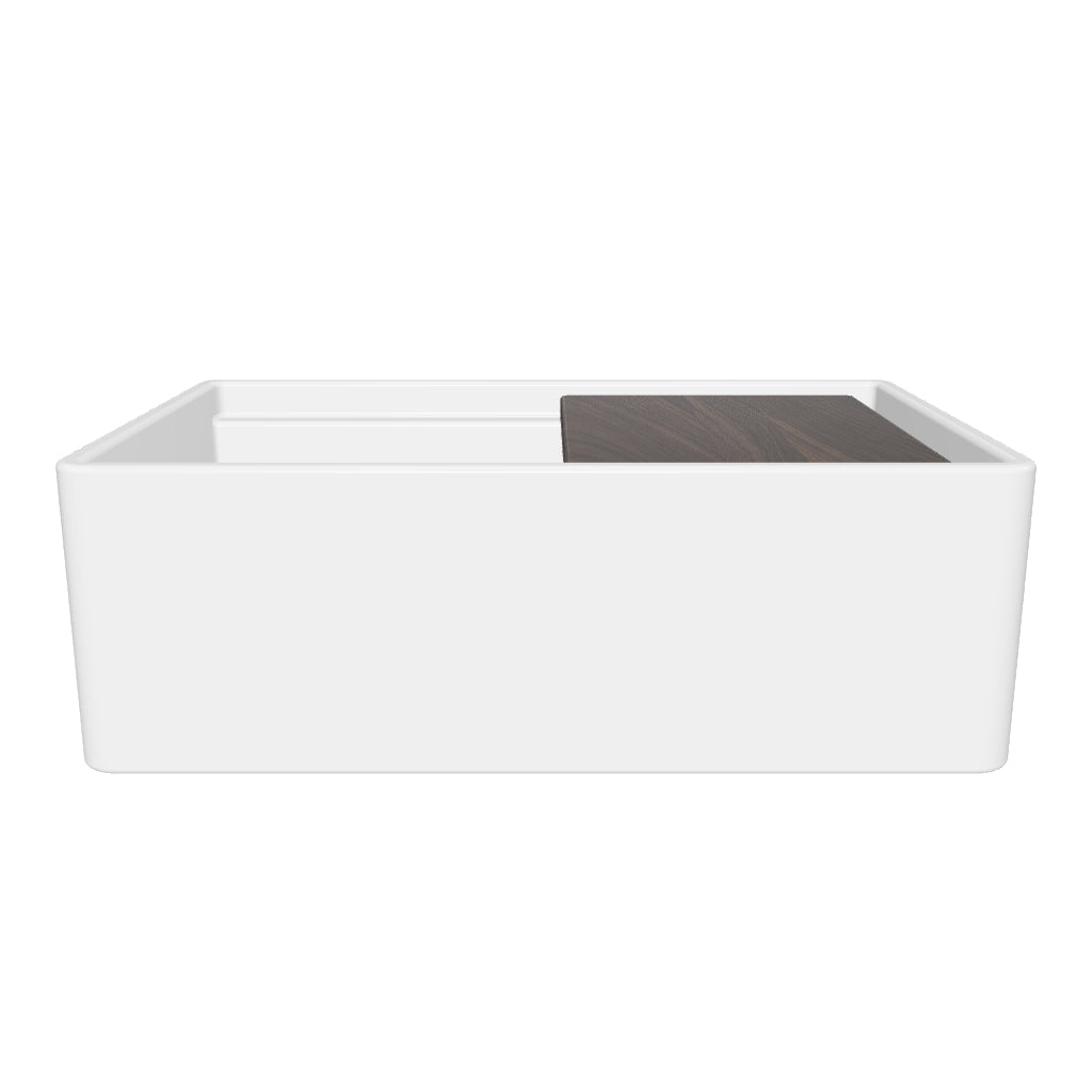 Front apron single bowl fireclay kitchen sinks with walnut wood cutting board and stainless steel grid