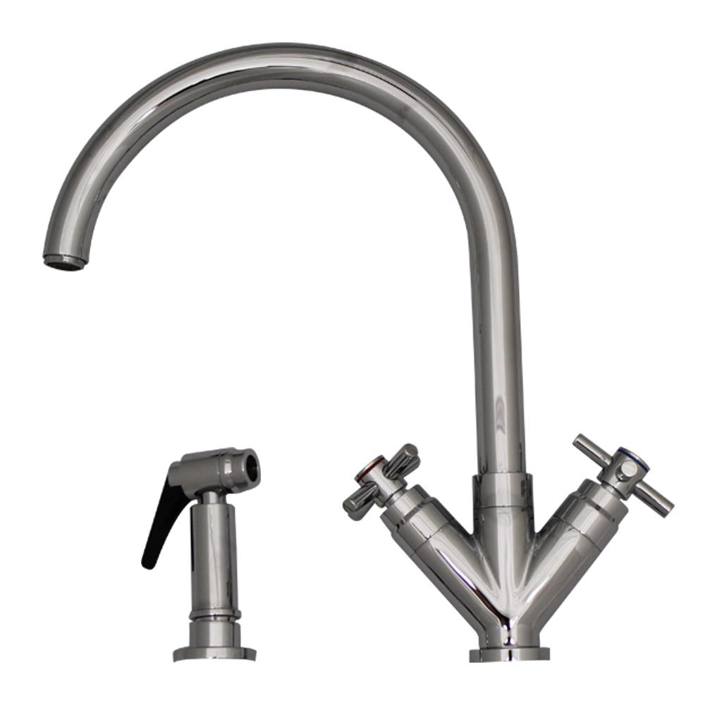 Luxe+ Dual Handle Faucet with Gooseneck Swivel Spout, &quot;V&quot; Cross Style Handles and Solid Brass Side Spray