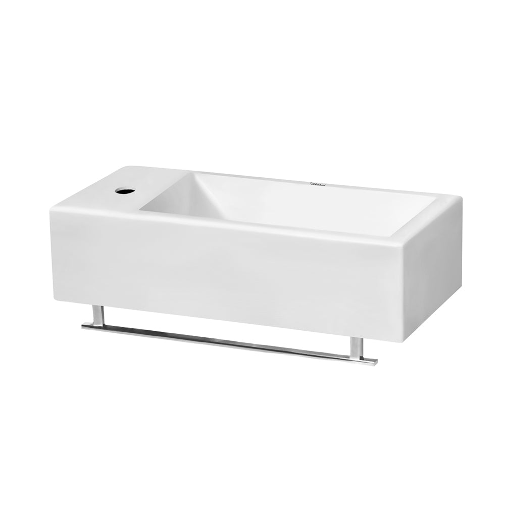 19&quot; Small Wall Mount Basin with Left Faucet Drilling, Chrome Towel Bar and Center Drain Location