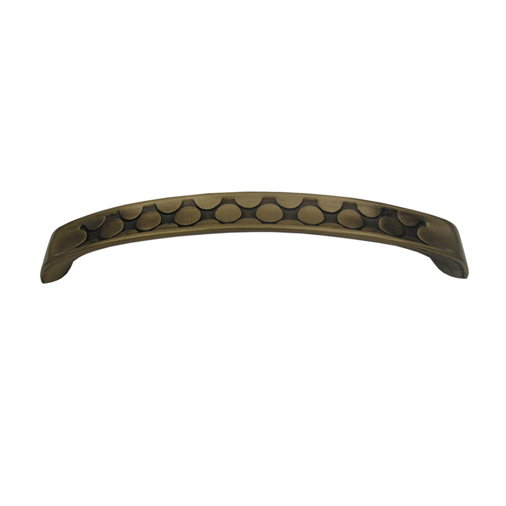 Curved pull handle with circular inlays made of solid brass.