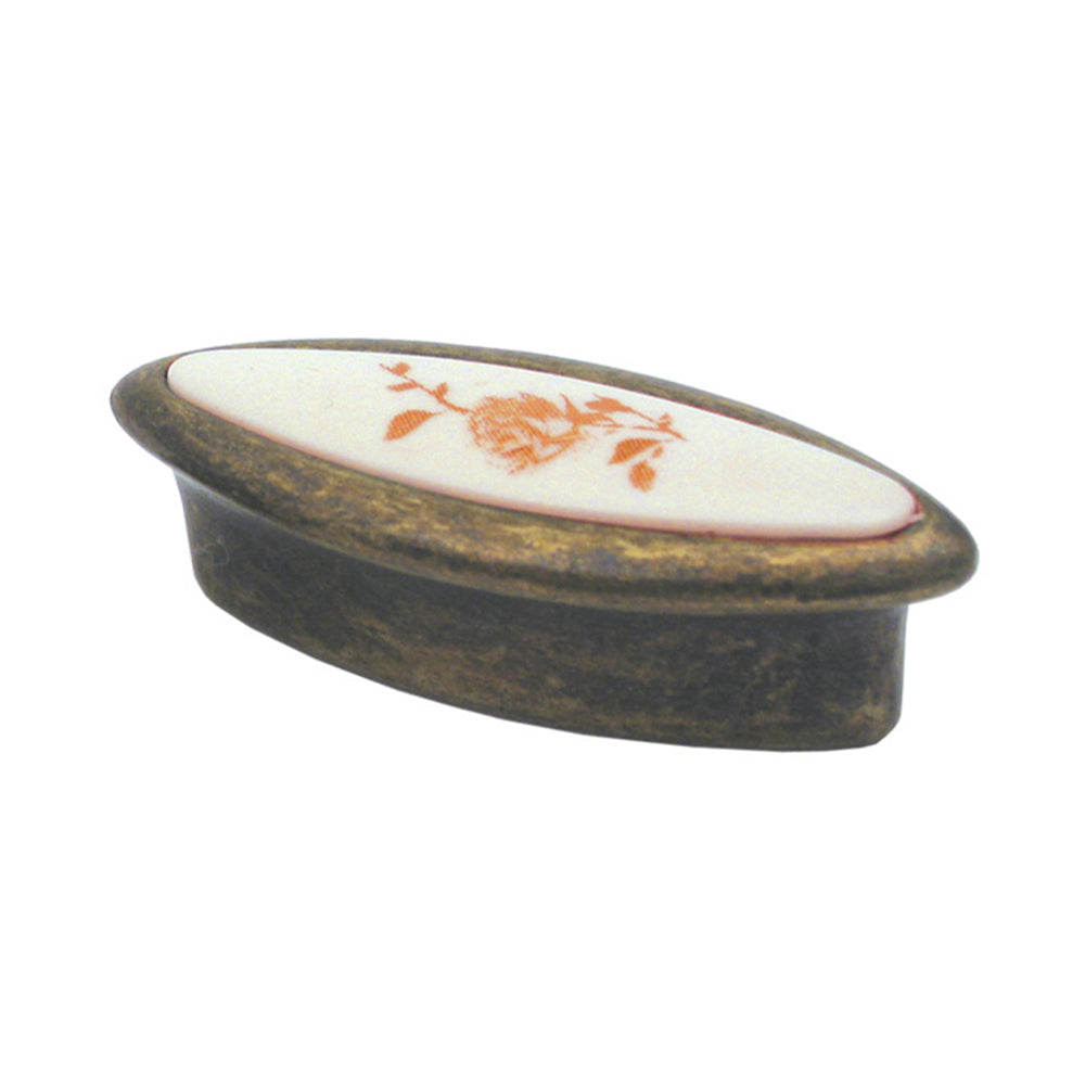Oval-shaped solid brass knob with a porcelain center and painted rose detail.