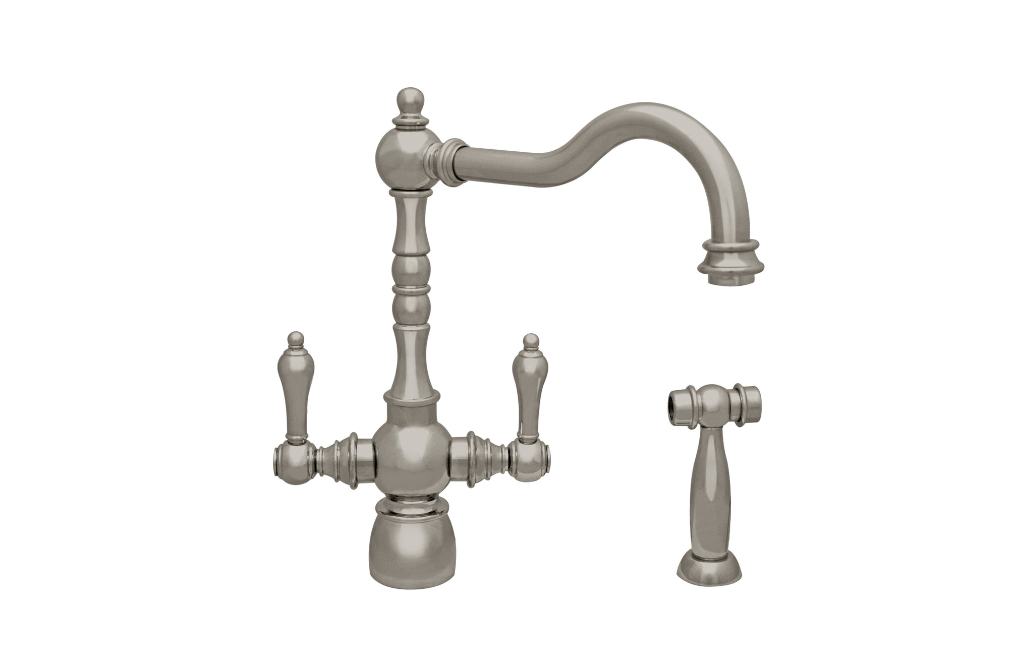 Englishhaus dual lever handle faucet with traditional swivel spout, solid lever handles and solid brass side spray