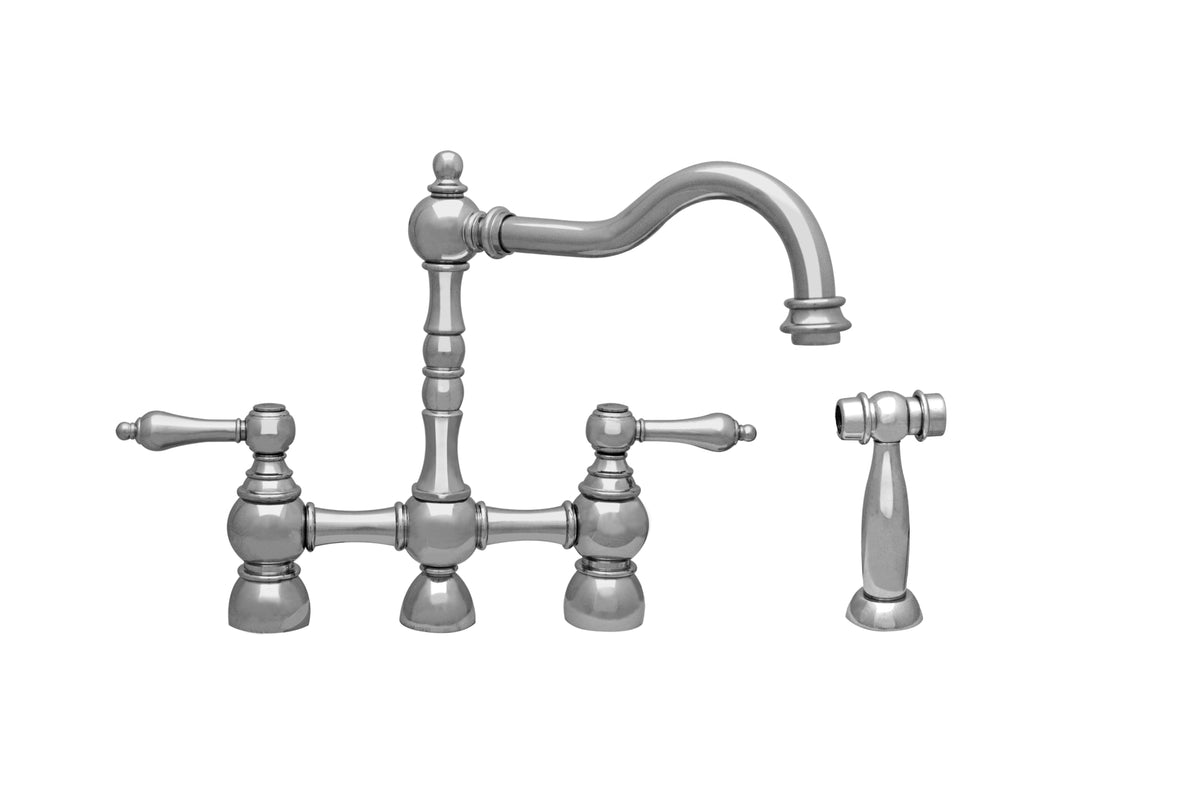 Englishhaus bridge faucet with long traditional swivel spout, solid lever handles and solid brass side spray