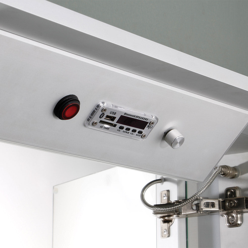 Musichaus Double Mirrored Door Medicine Cabinet with USB, SD Card, Bluetooth, FM radio, Speakers, Defogger, & Dimmer