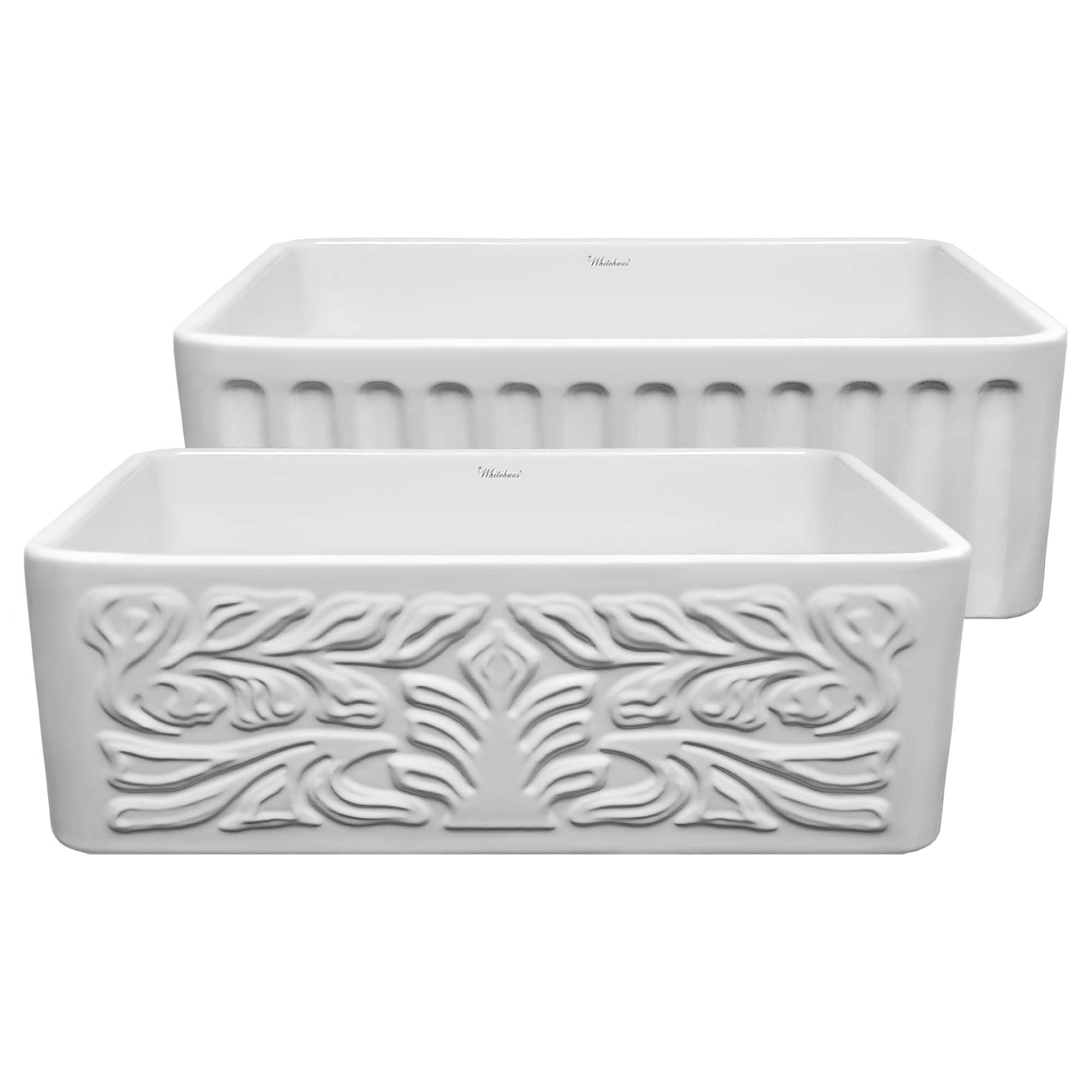 30" Reversible Single Bowl Fireclay Kitchen Sink: Roman Floral & Fluted front apron