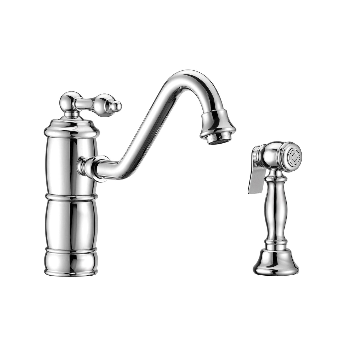 Single lever faucet with traditional swivel spout and solid brass side spray