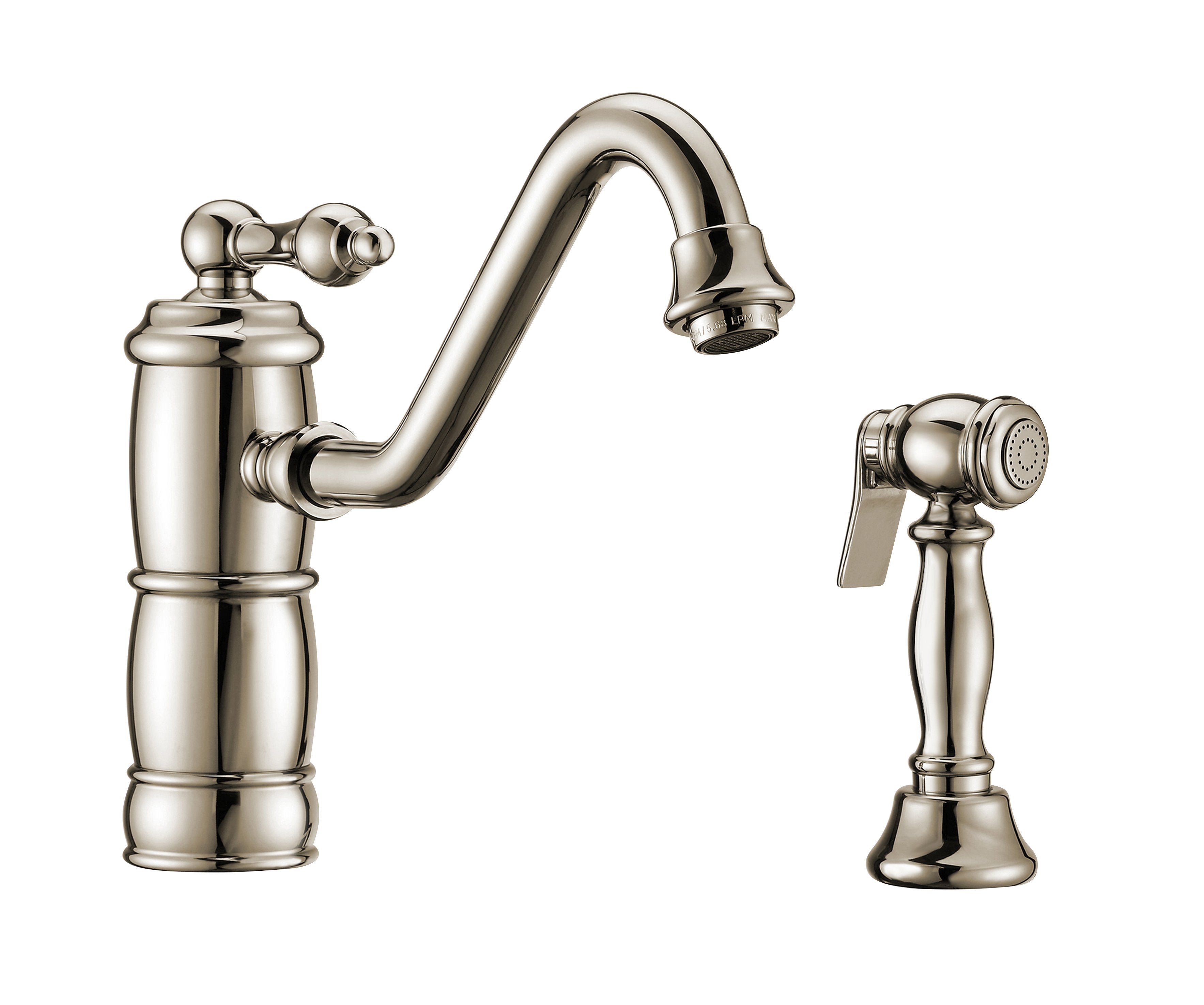 Single lever faucet with traditional swivel spout and solid brass side spray