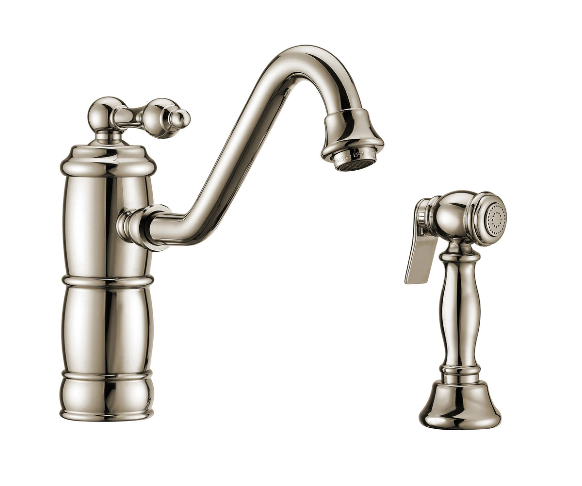 Single lever faucet with traditional swivel spout and solid brass side spray