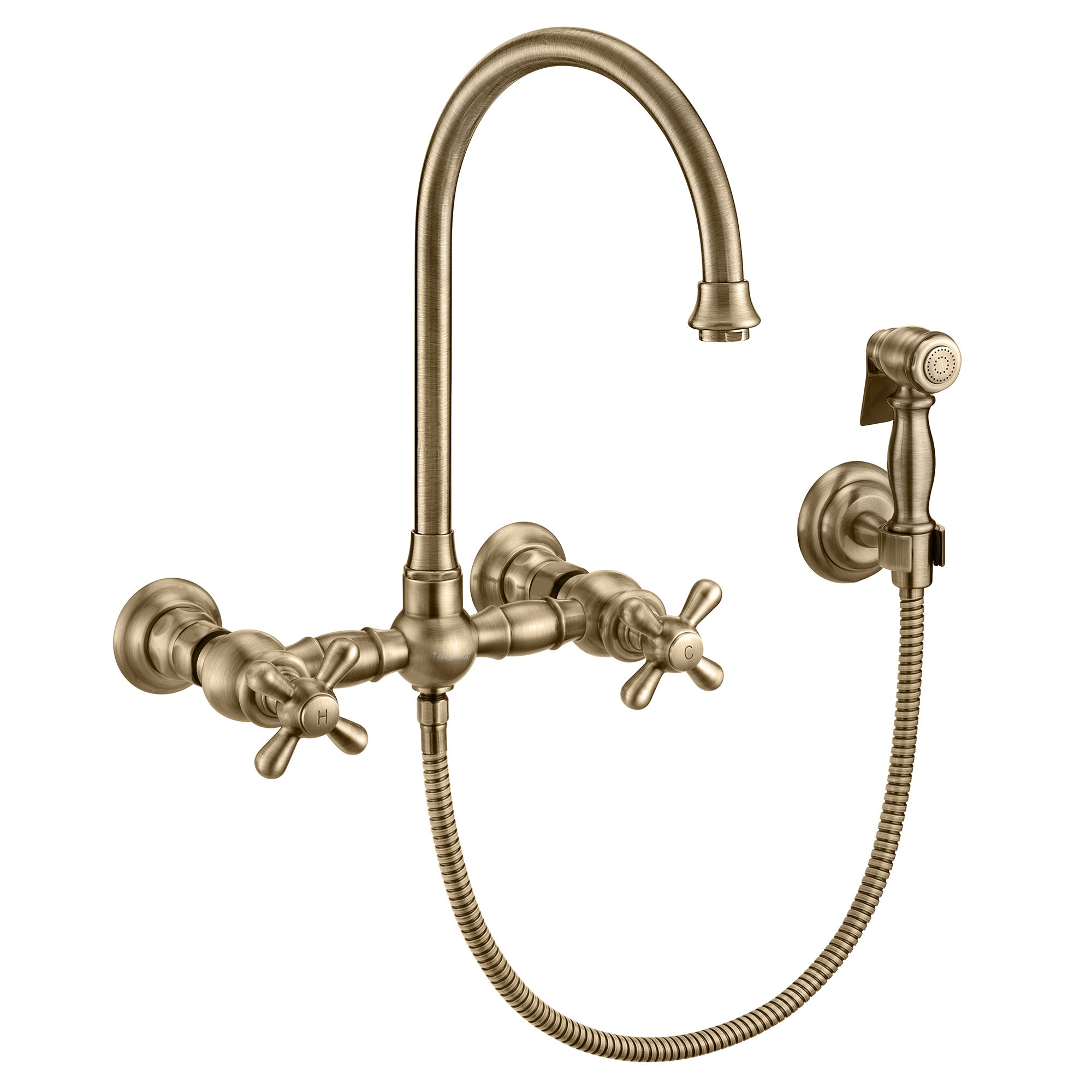 Wall Mount Faucet with a  Long Gooseneck Swivel Spout, Cross Handles and Solid Brass Side Spray