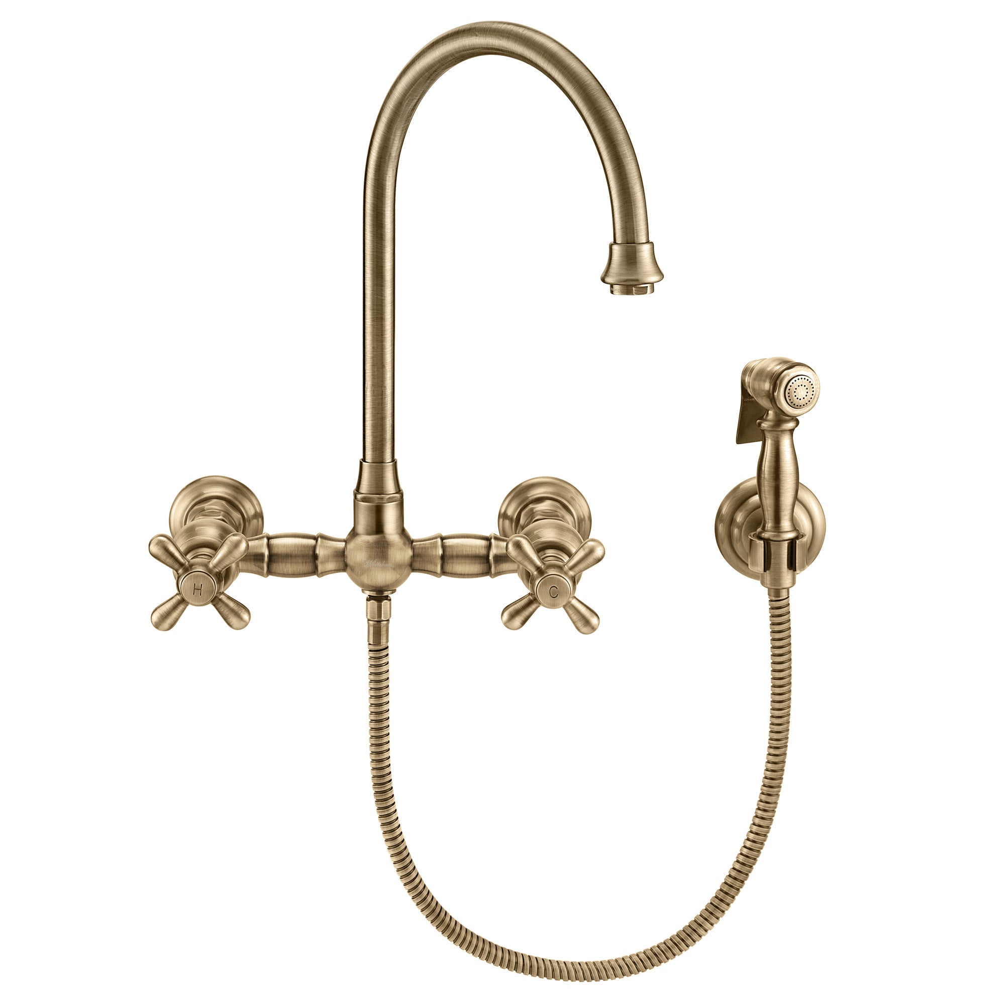 Wall Mount Faucet with a  Long Gooseneck Swivel Spout, Cross Handles and Solid Brass Side Spray