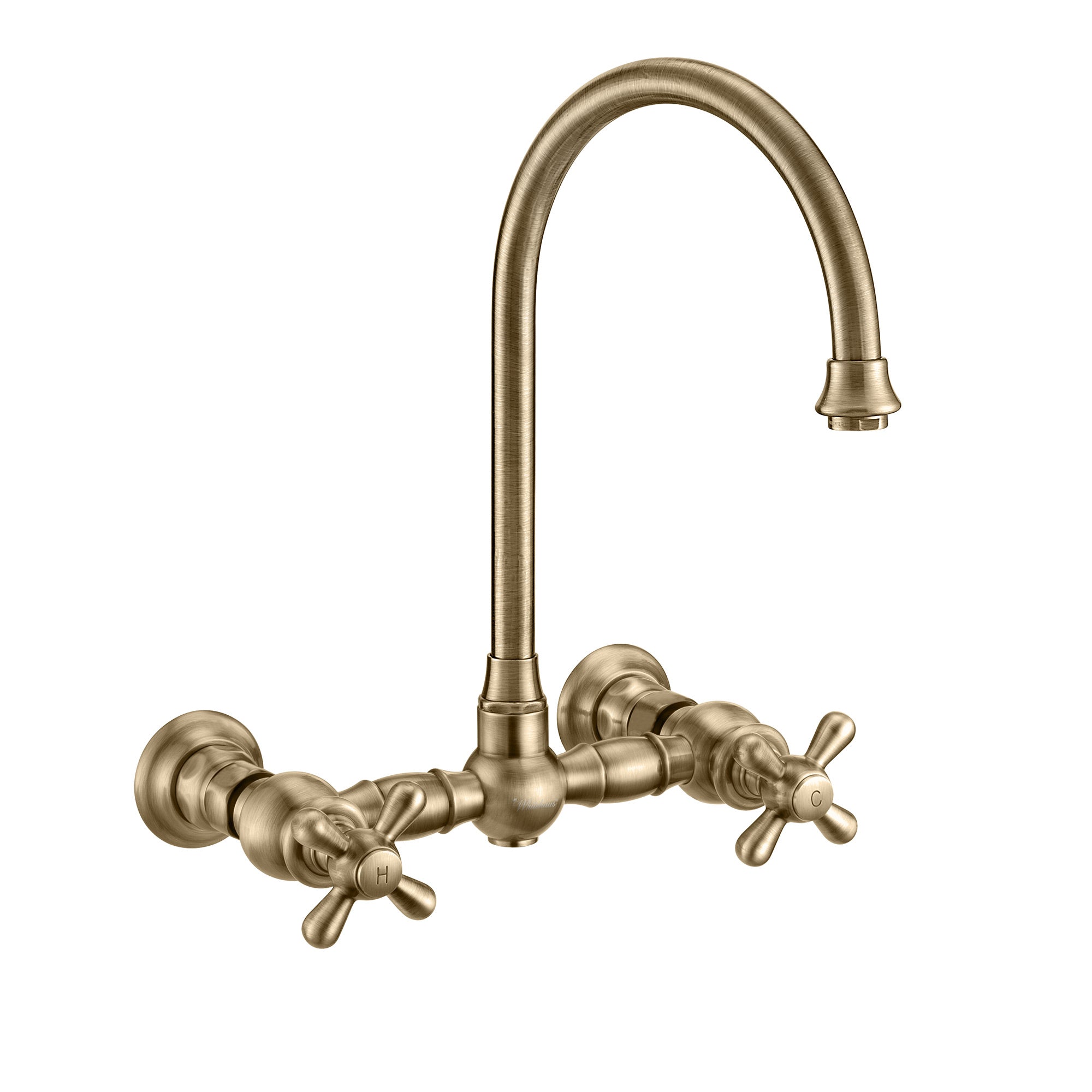 Wall Mount Faucet with a  Long Gooseneck Swivel Spout, Cross Handles and Solid Brass Side Spray
