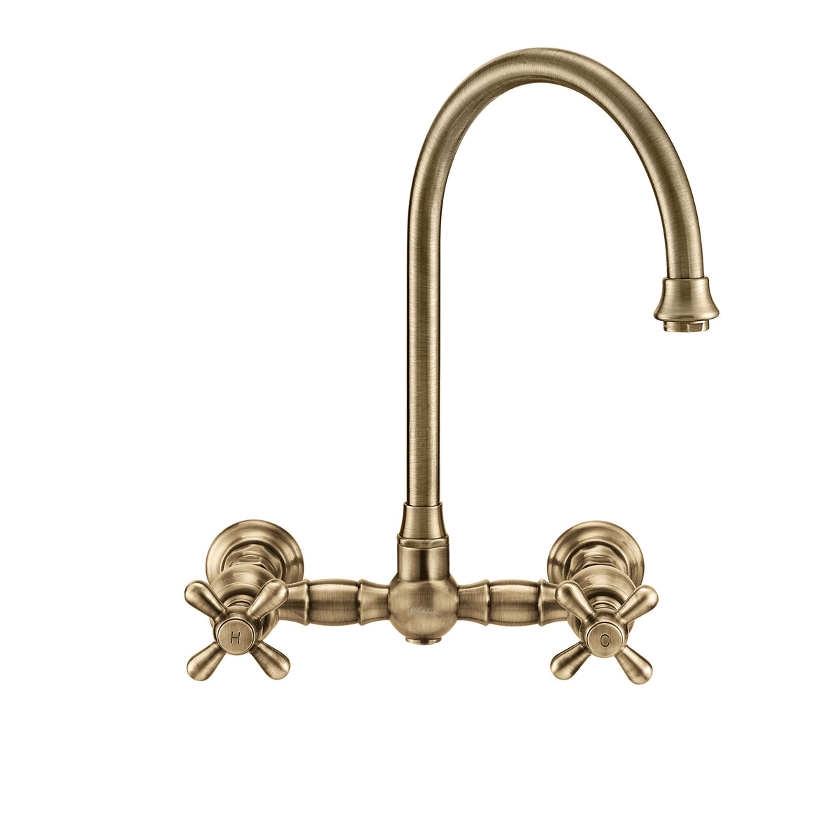 Wall Mount Faucet with a  Long Gooseneck Swivel Spout, Cross Handles and Solid Brass Side Spray