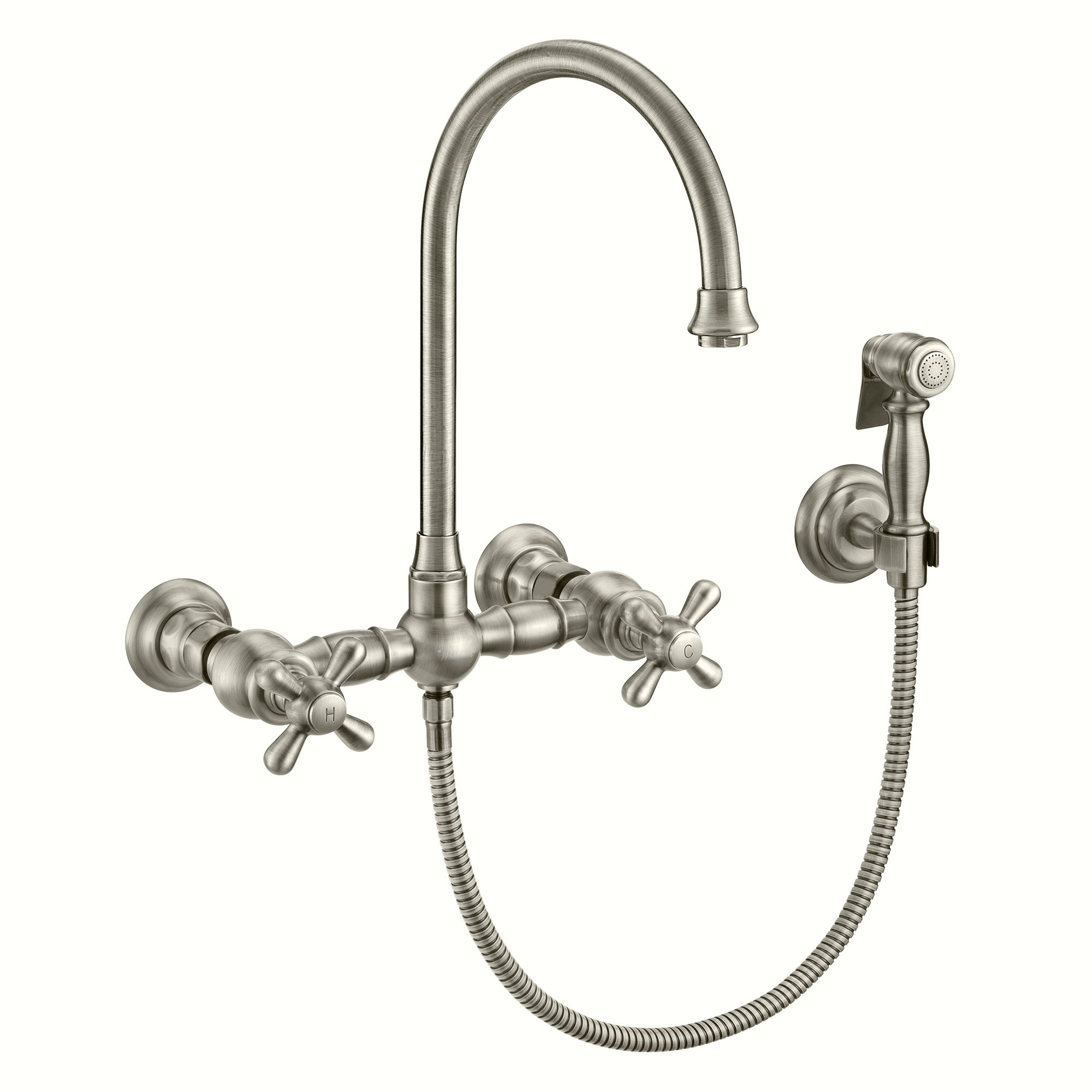 Wall Mount Faucet with a  Long Gooseneck Swivel Spout, Cross Handles and Solid Brass Side Spray
