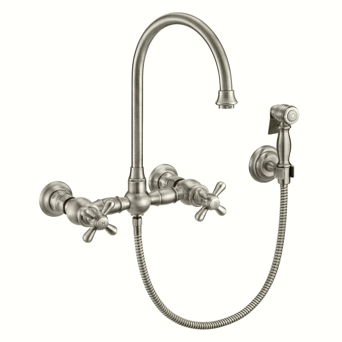 Wall Mount Faucet with a  Long Gooseneck Swivel Spout, Cross Handles and Solid Brass Side Spray
