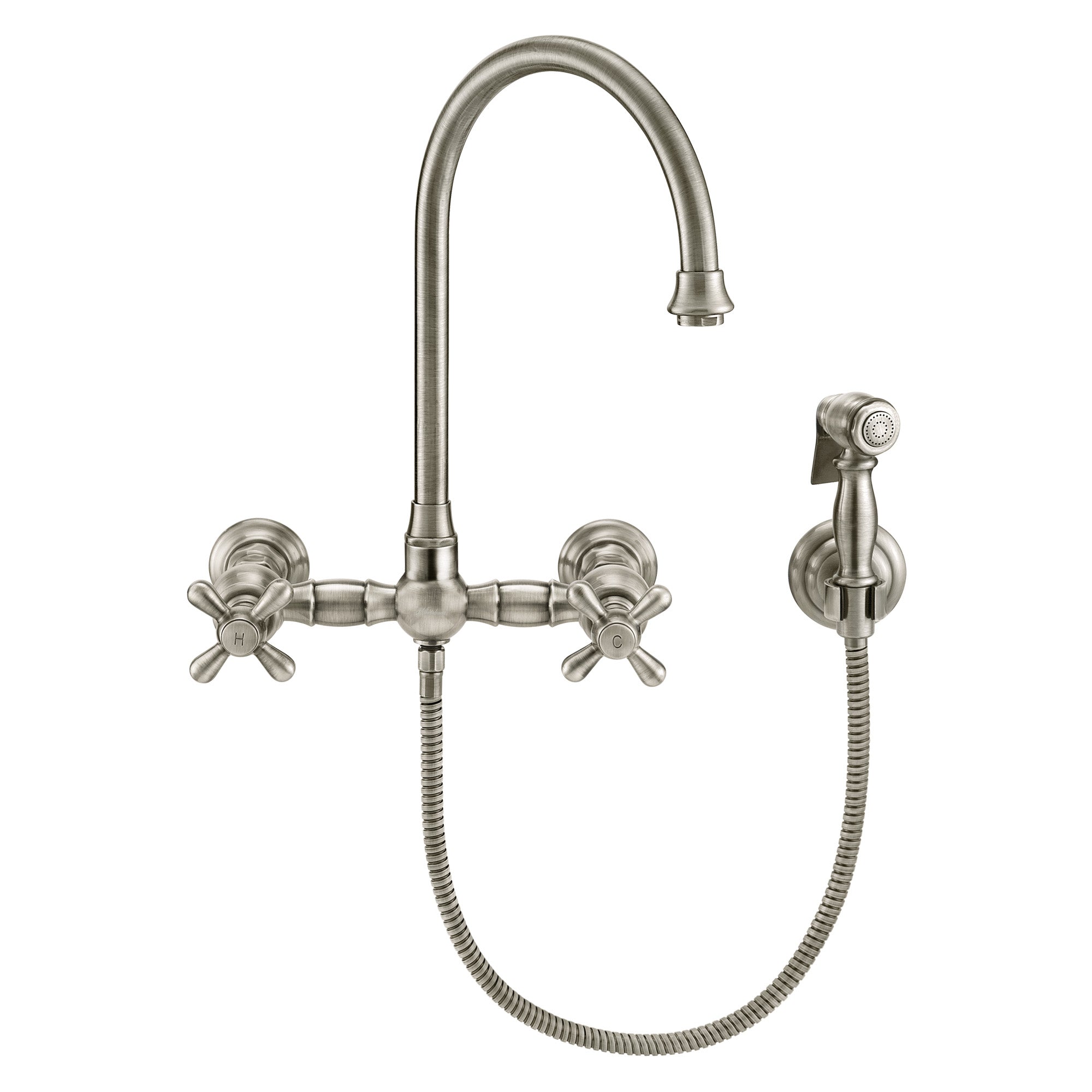 Wall Mount Faucet with a  Long Gooseneck Swivel Spout, Cross Handles and Solid Brass Side Spray