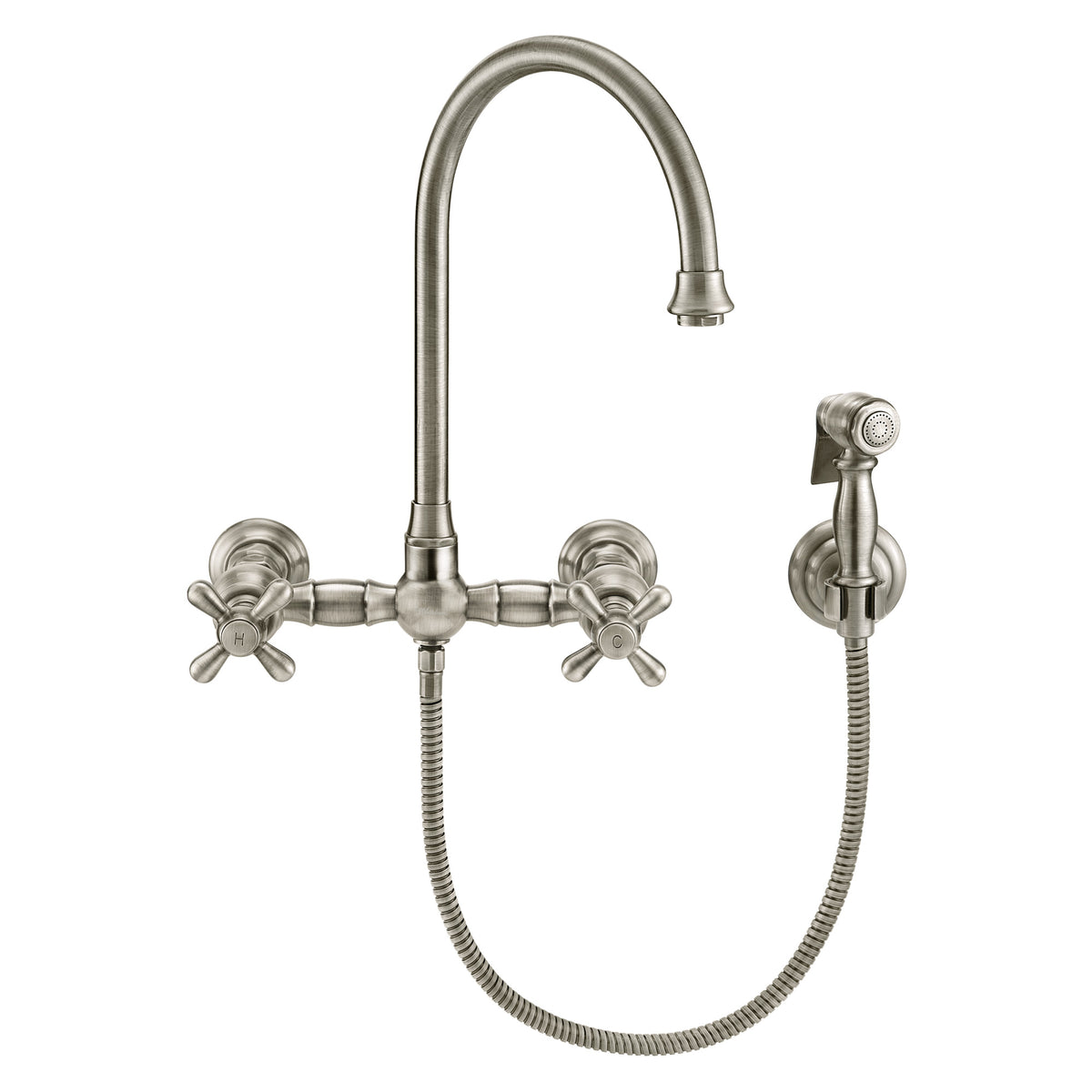 Wall Mount Faucet with a  Long Gooseneck Swivel Spout, Cross Handles and Solid Brass Side Spray