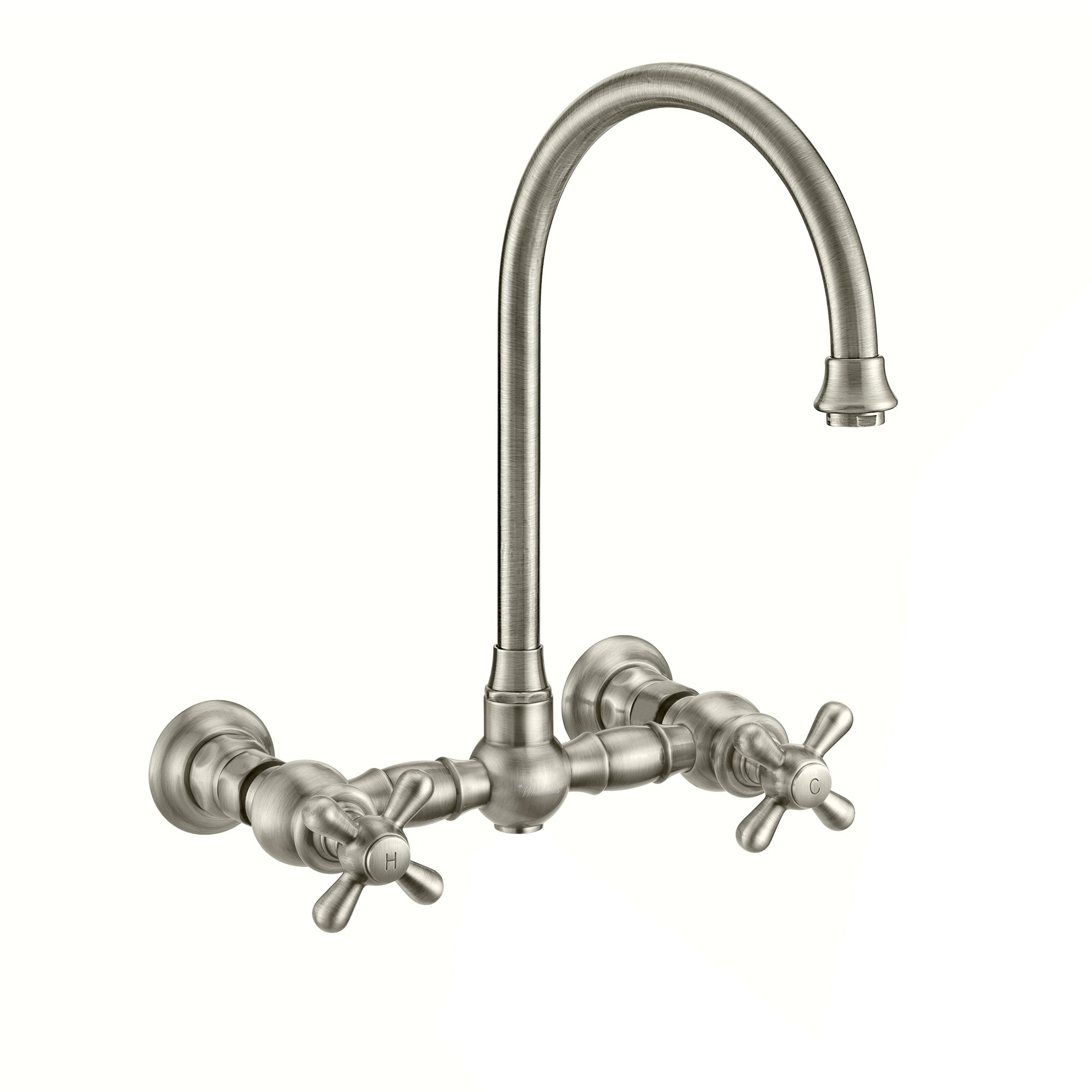 Wall Mount Faucet with a  Long Gooseneck Swivel Spout, Cross Handles and Solid Brass Side Spray