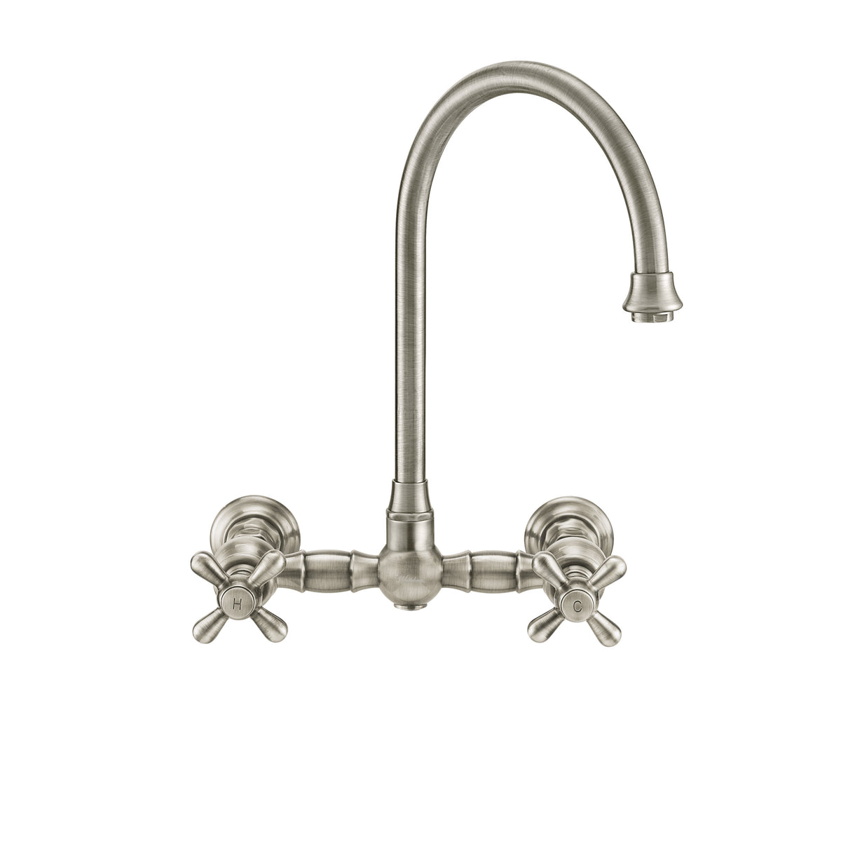 Wall Mount Faucet with a  Long Gooseneck Swivel Spout, Cross Handles and Solid Brass Side Spray