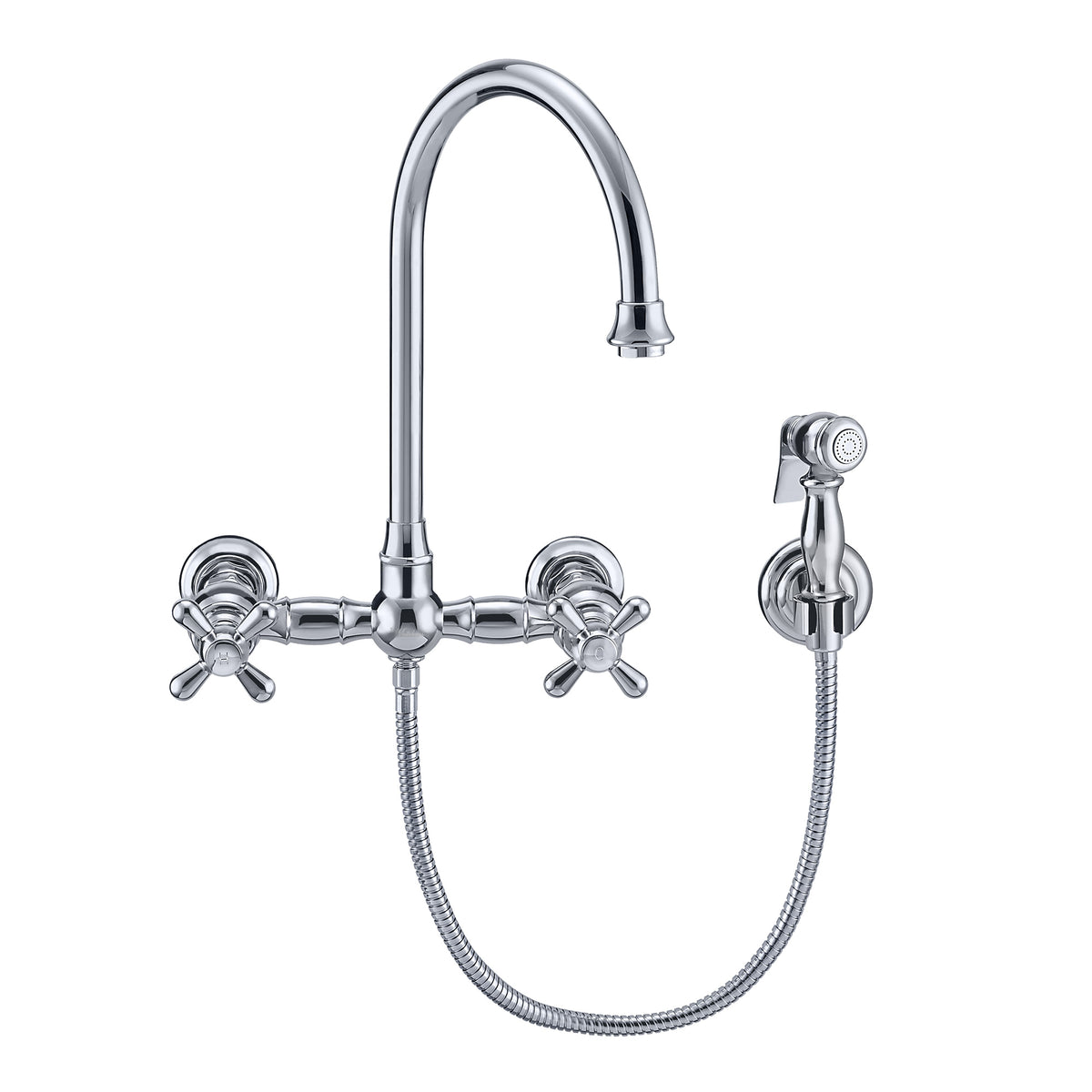 Wall Mount Faucet with a  Long Gooseneck Swivel Spout, Cross Handles and Solid Brass Side Spray