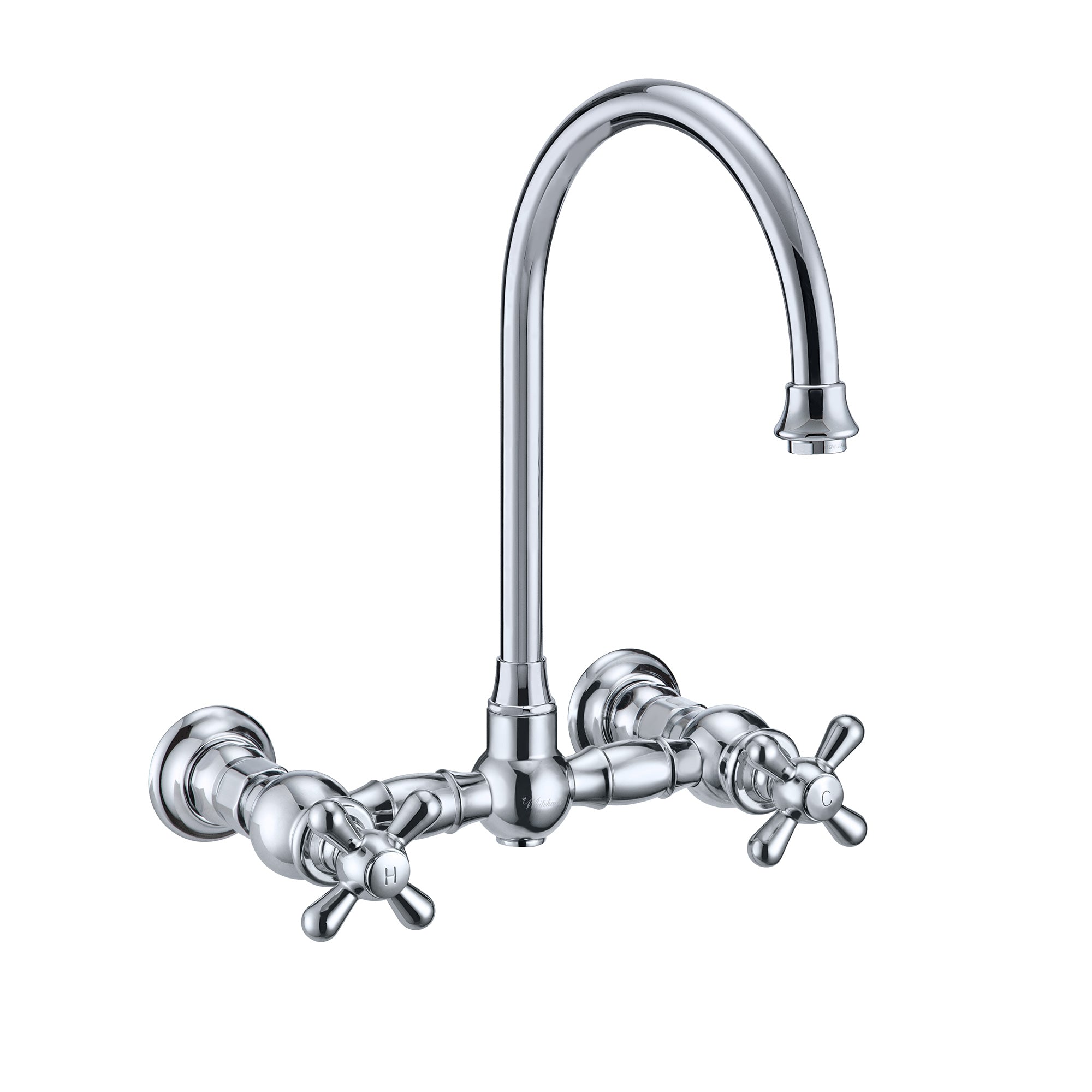 Wall Mount Faucet with a  Long Gooseneck Swivel Spout, Cross Handles and Solid Brass Side Spray