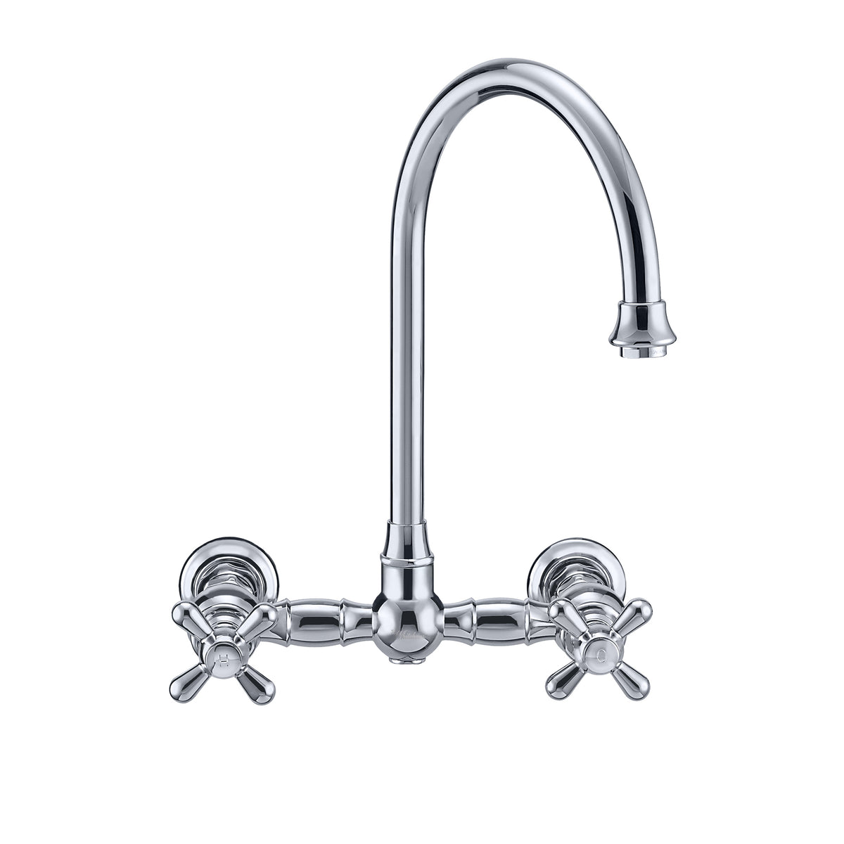 Wall Mount Faucet with a  Long Gooseneck Swivel Spout, Cross Handles and Solid Brass Side Spray