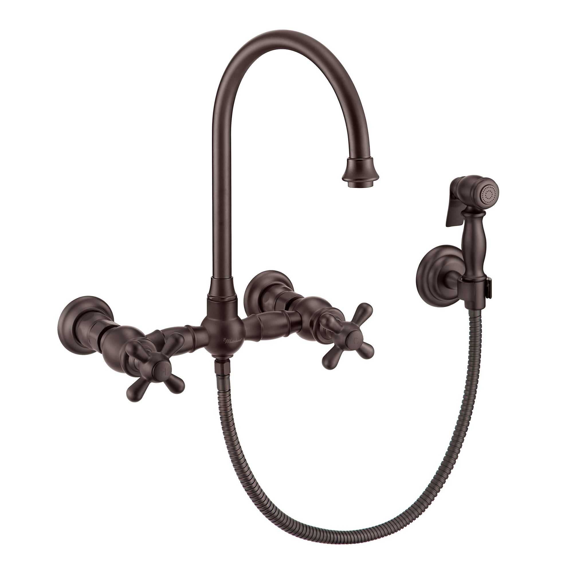 Wall Mount Faucet with a  Long Gooseneck Swivel Spout, Cross Handles and Solid Brass Side Spray