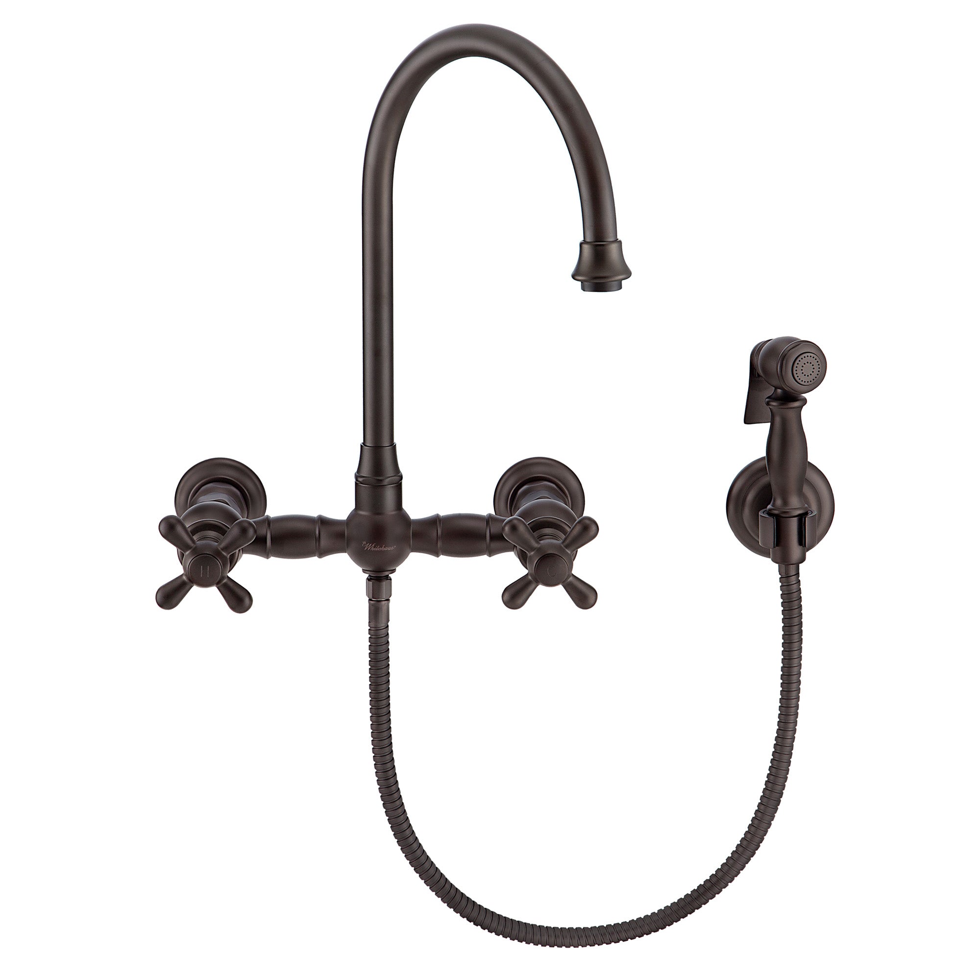 Wall Mount Faucet with a  Long Gooseneck Swivel Spout, Cross Handles and Solid Brass Side Spray