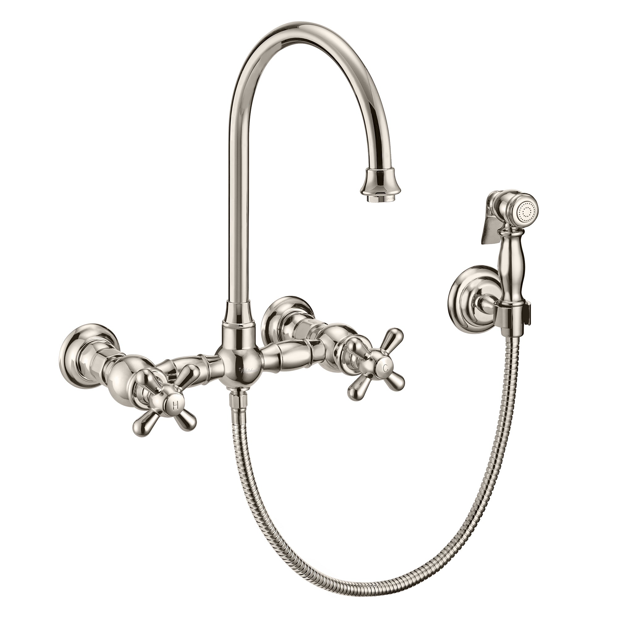 Wall Mount Faucet with a  Long Gooseneck Swivel Spout, Cross Handles and Solid Brass Side Spray