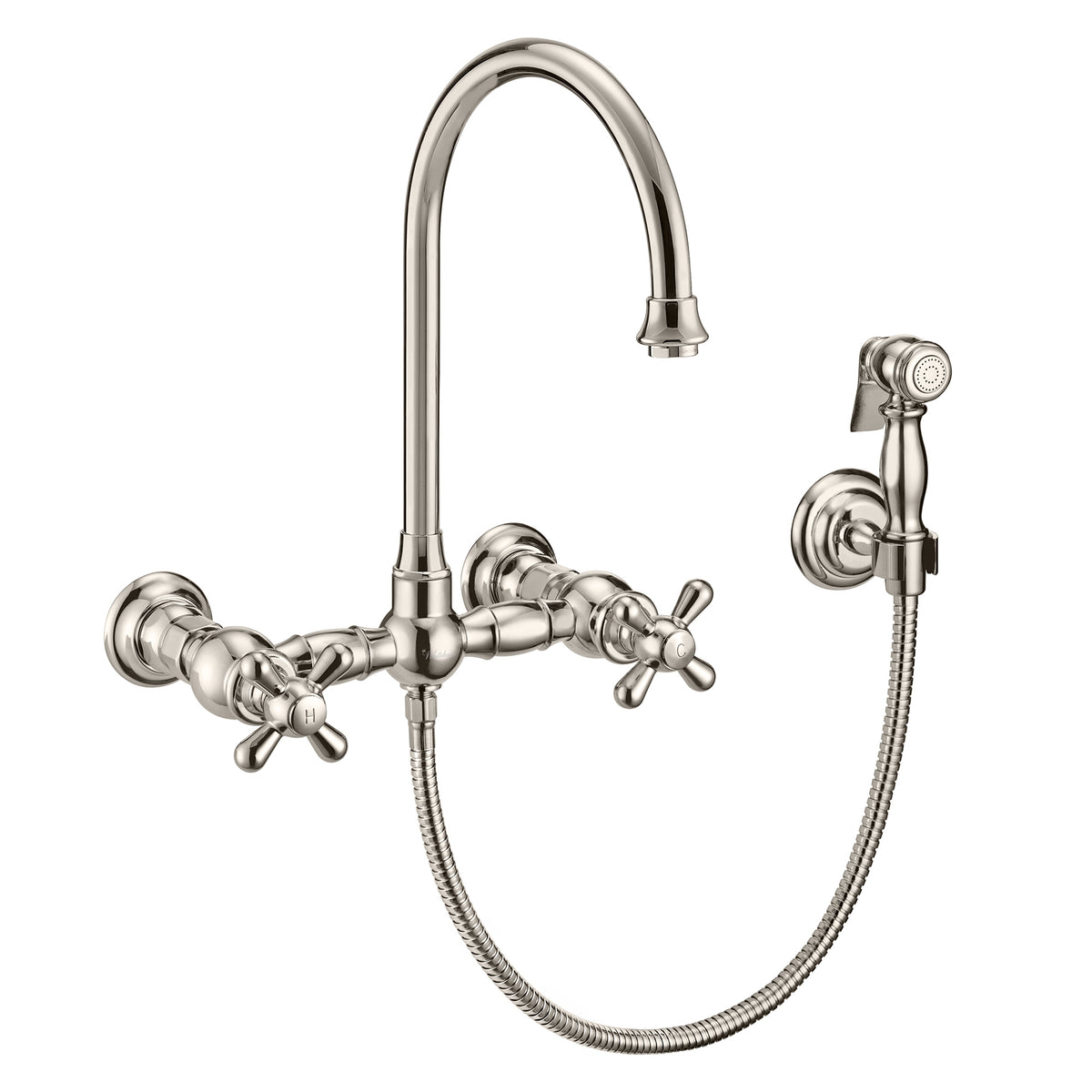 Wall Mount Faucet with a  Long Gooseneck Swivel Spout, Cross Handles and Solid Brass Side Spray