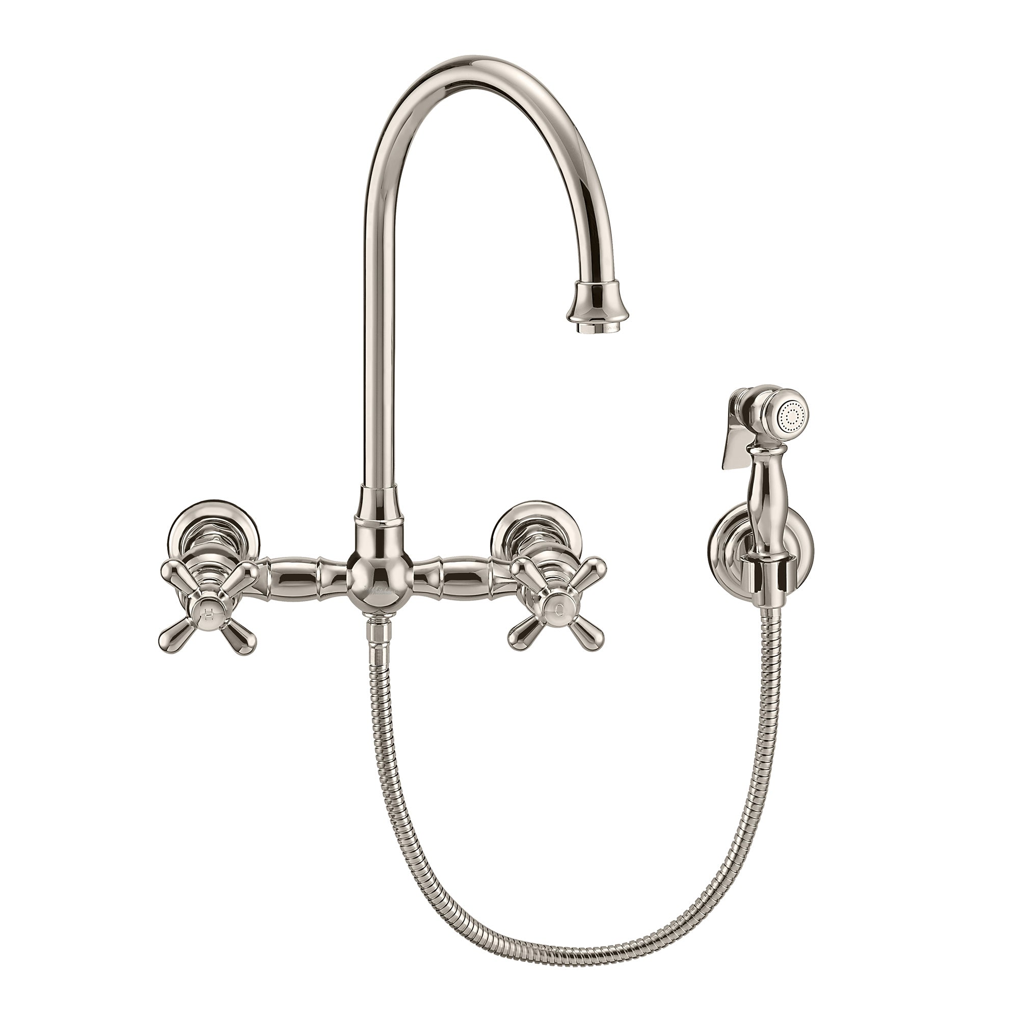 Wall Mount Faucet with a  Long Gooseneck Swivel Spout, Cross Handles and Solid Brass Side Spray