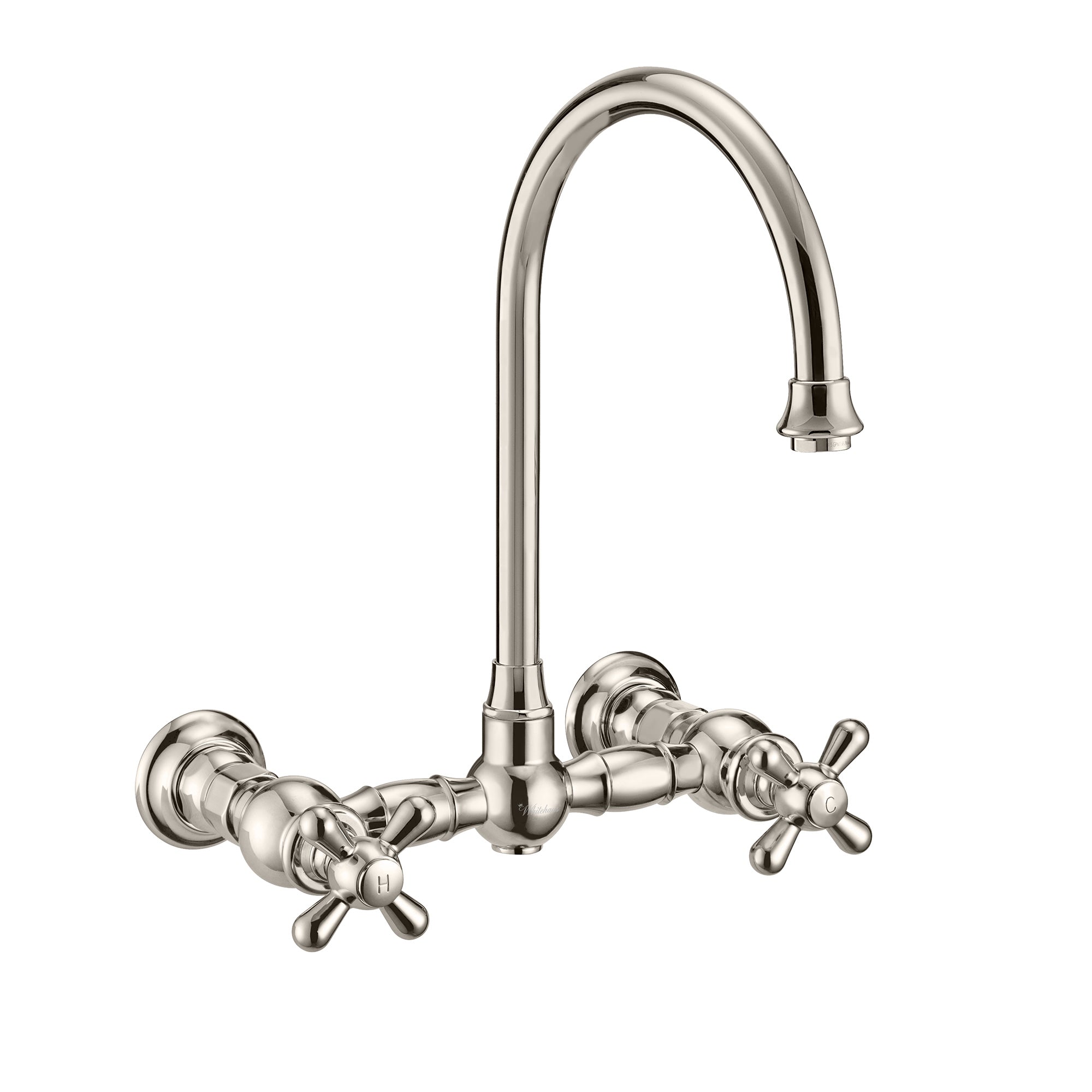 Wall Mount Faucet with a  Long Gooseneck Swivel Spout, Cross Handles and Solid Brass Side Spray