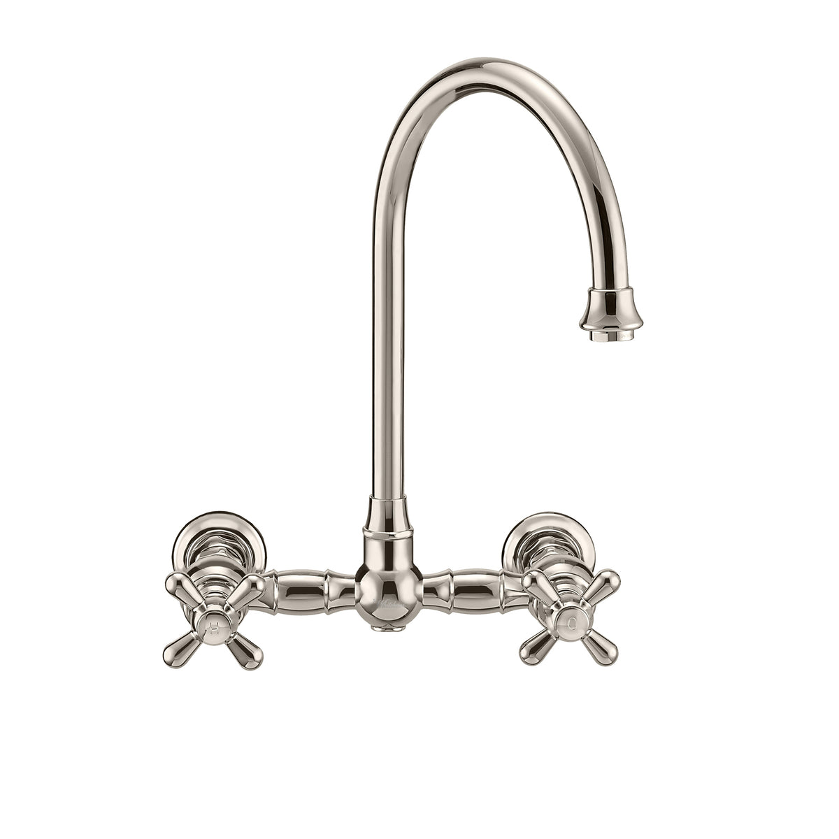 Wall Mount Faucet with a  Long Gooseneck Swivel Spout, Cross Handles and Solid Brass Side Spray