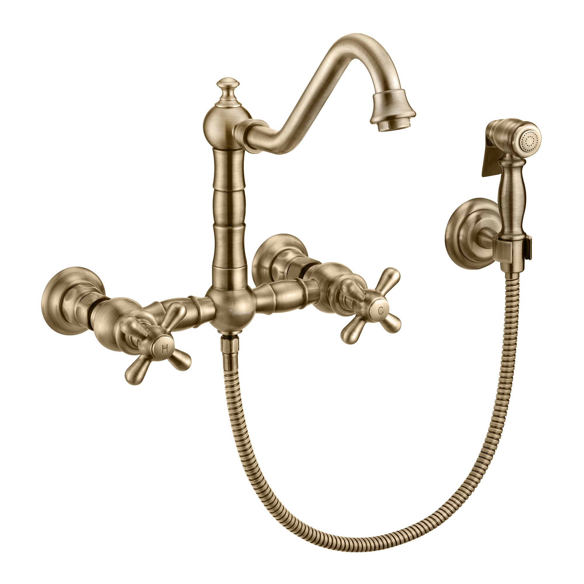 Wall Mount Faucet with a Long Traditional Swivel Spout, Cross Handles and Solid Brass Side Spray