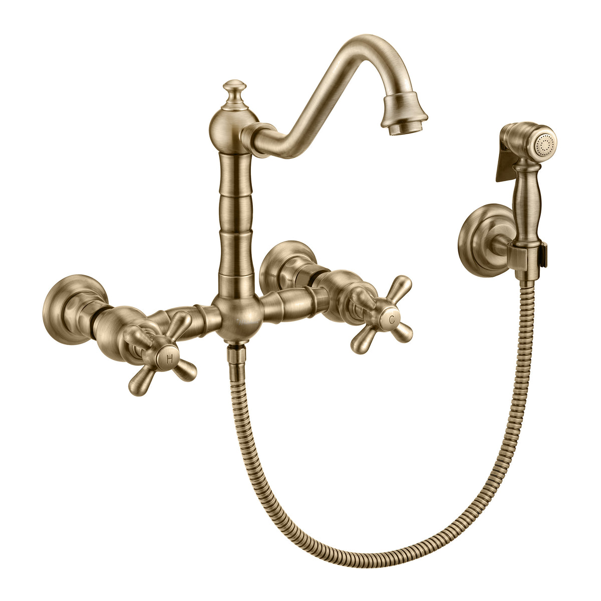 Wall Mount Faucet with a Long Traditional Swivel Spout, Cross Handles and Solid Brass Side Spray