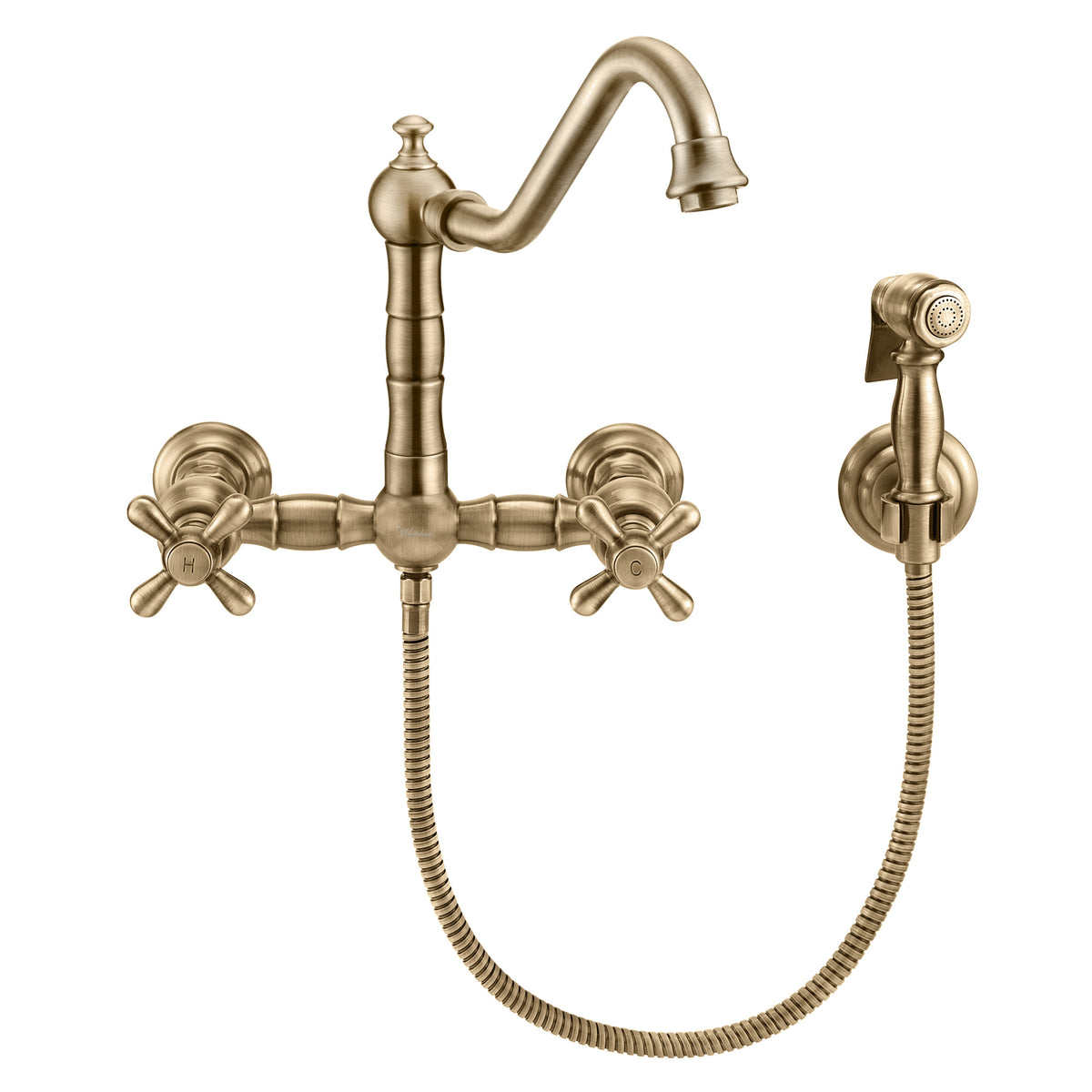 Wall Mount Faucet with a Long Traditional Swivel Spout, Cross Handles and Solid Brass Side Spray