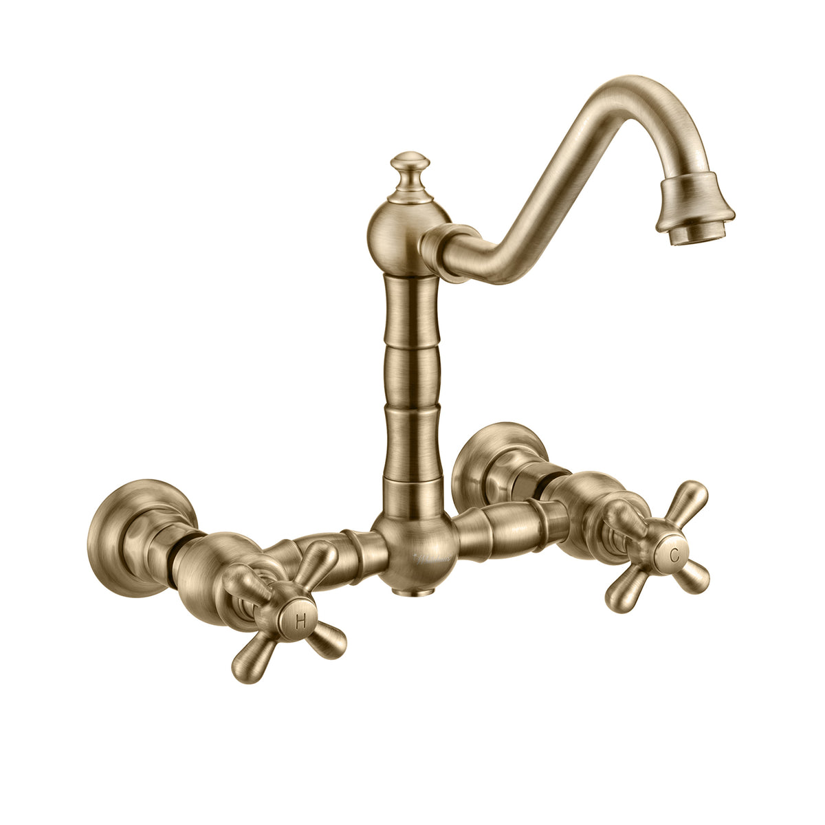 Wall Mount Faucet with a Long Traditional Swivel Spout, Cross Handles and Solid Brass Side Spray